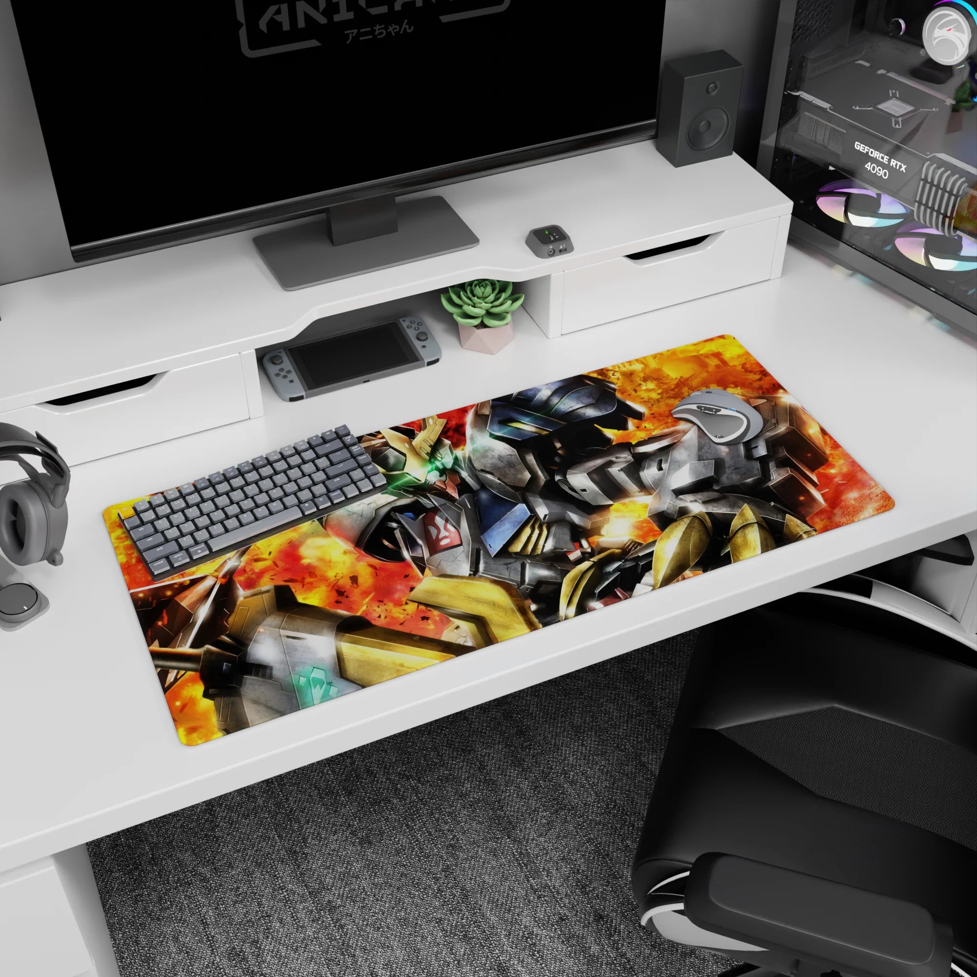Mobile Suit Gundam: Iron-Blooded Orphans desk pad 36x16 inches showing Barbatos charging through flames.