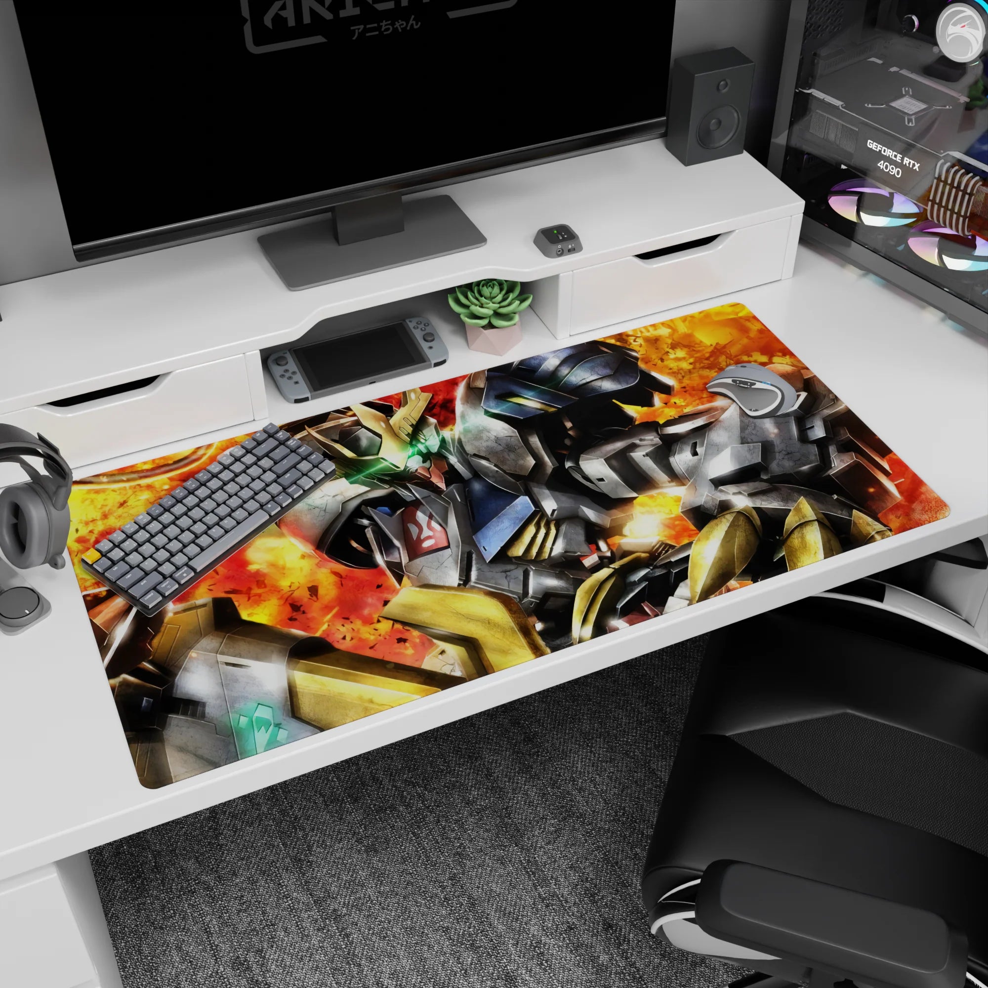 40x20 inches anime desk pad featuring Gundam Barbatos framed by fiery blasts, battle-worn textures, and smoke.