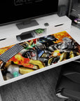 40x20 inches anime desk pad featuring Gundam Barbatos framed by fiery blasts, battle-worn textures, and smoke.