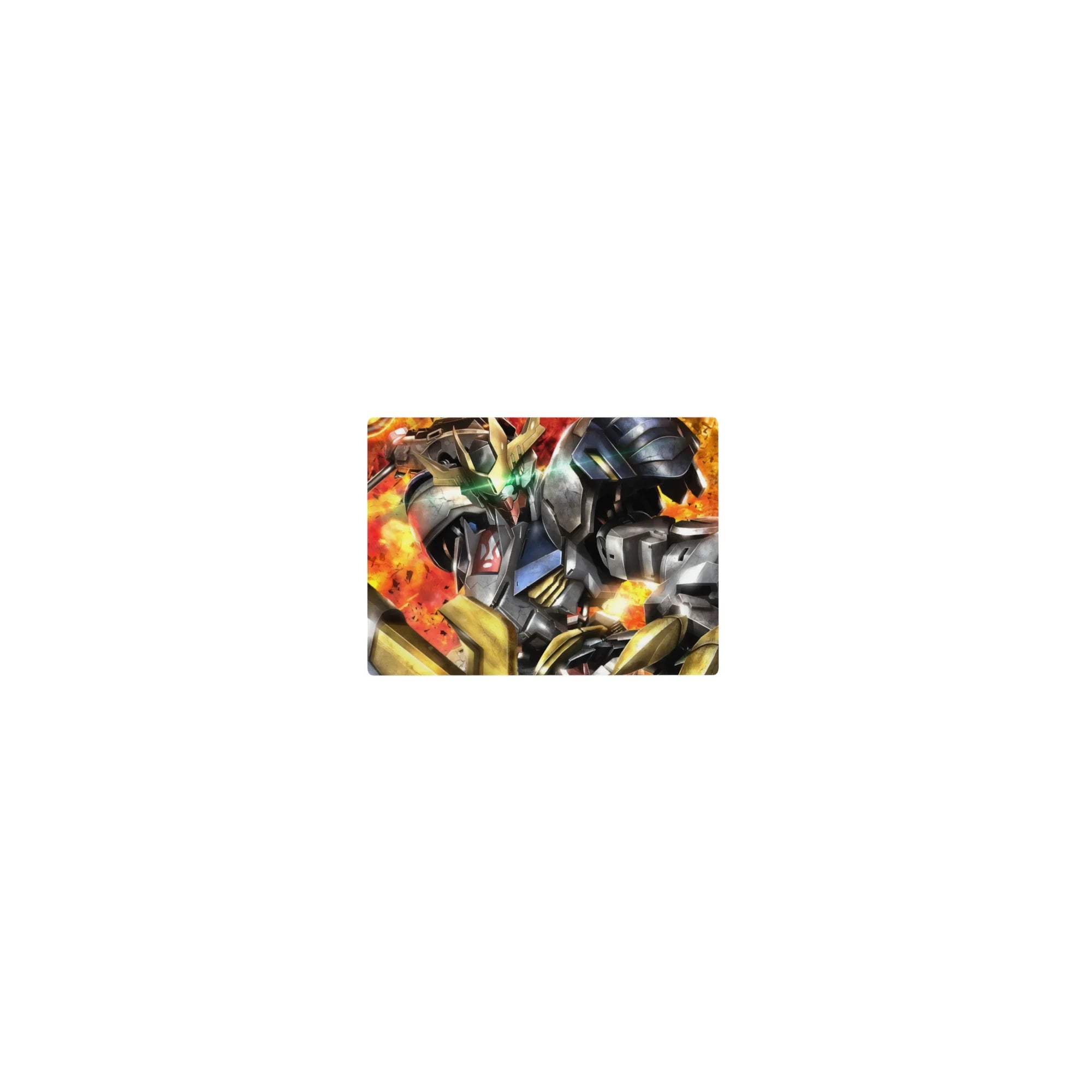 Classic anime mouse pad 14x10 inches featuring a battle-worn mecha with gold trim and neon green eyes.