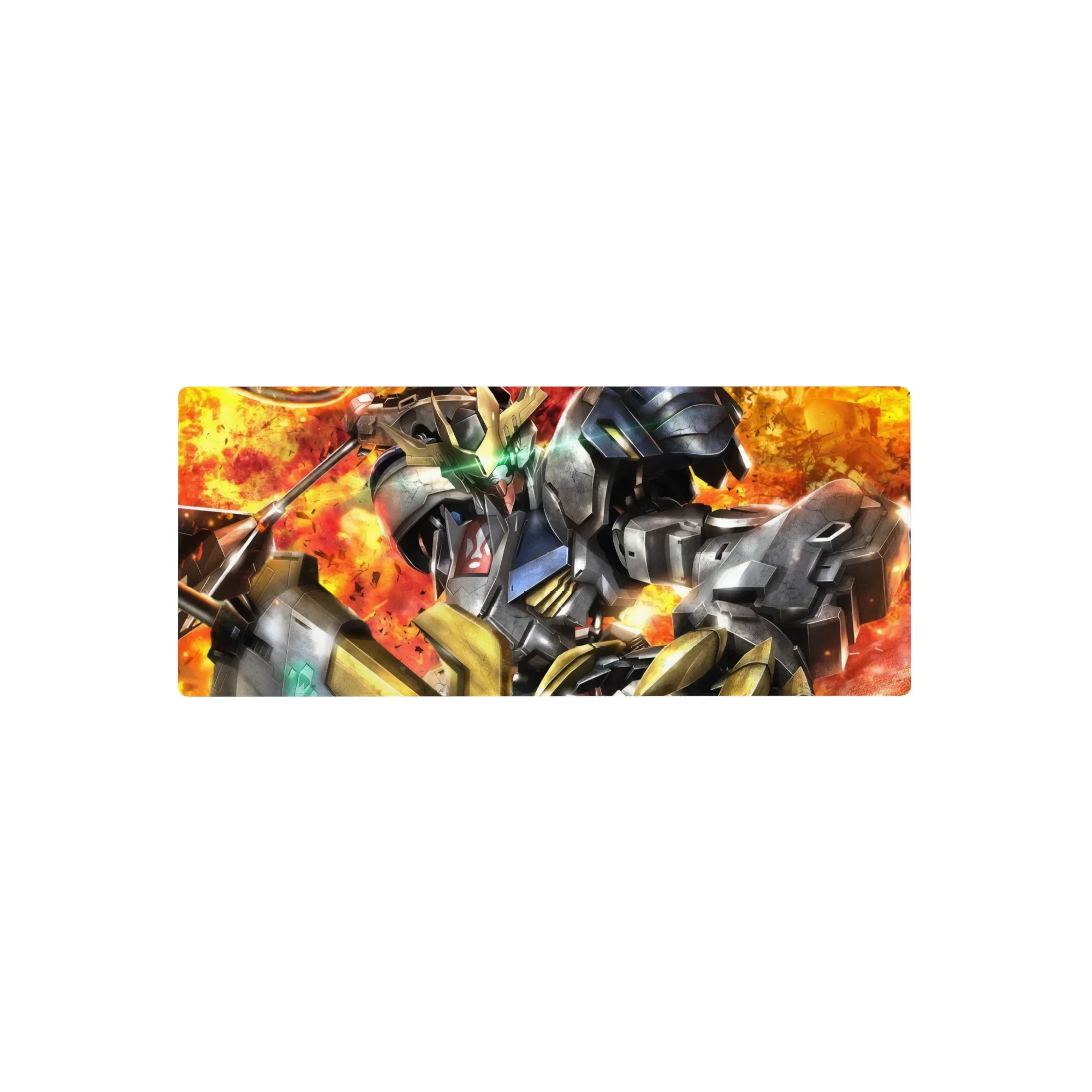 28x12 inches anime mouse pad with Gundam-style mech, cracked steel armor, gold trim, neon green eyes.