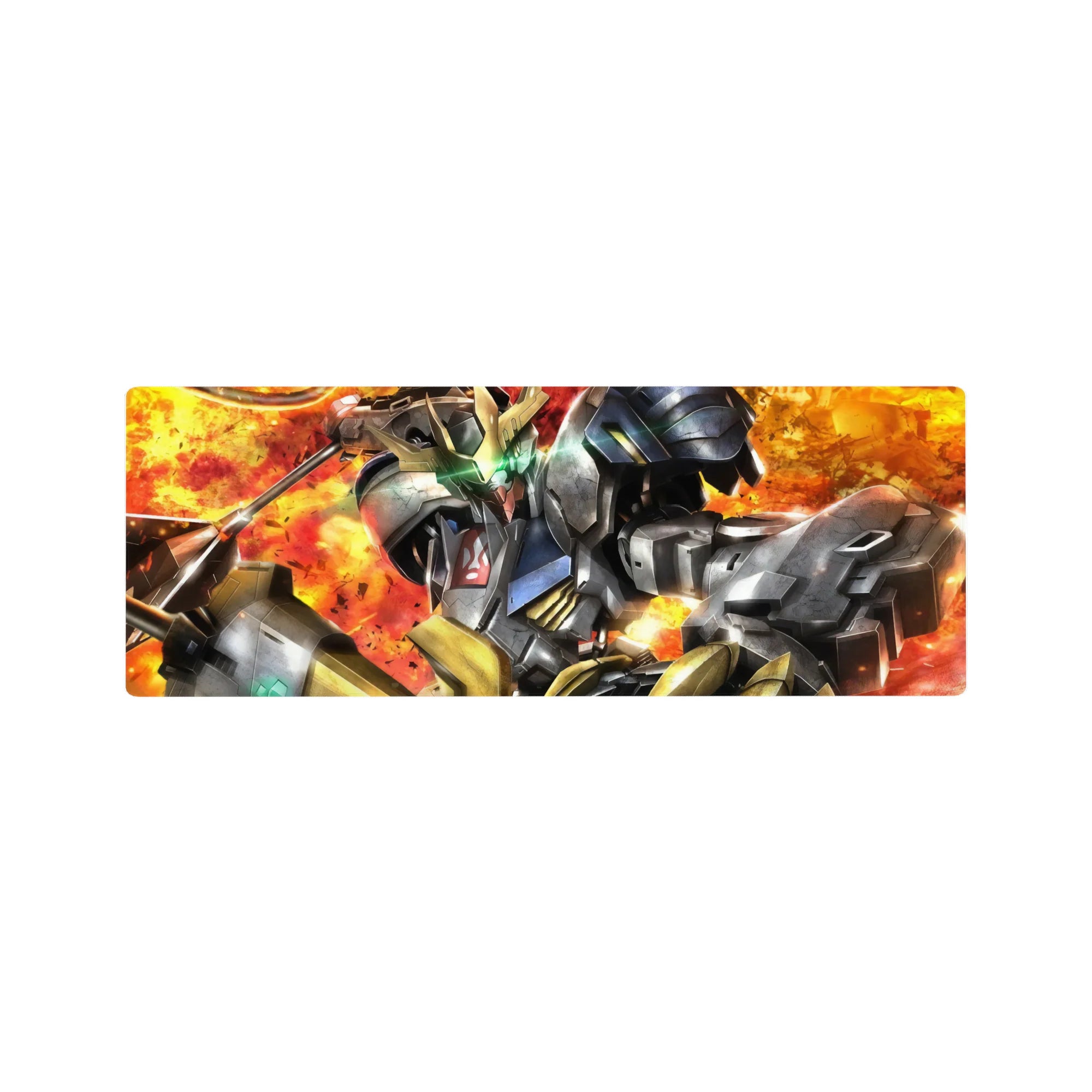 32x12 inches anime mouse pad with Gundam Barbatos, cracked steel armor, gold trim, and explosive backdrop.