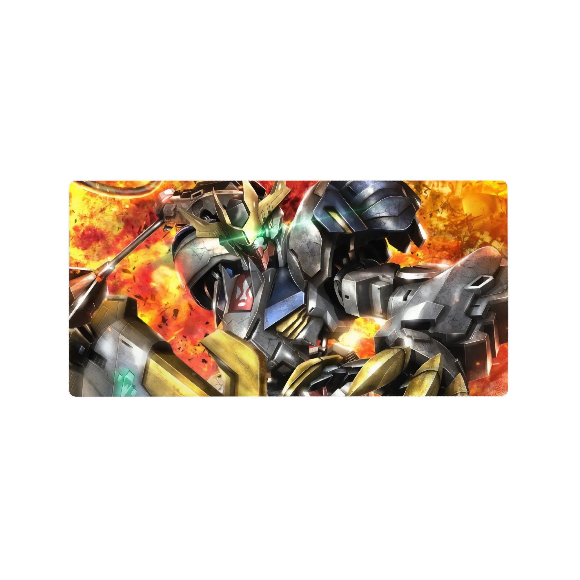 32x16 inches anime mouse pad with Gundam mecha, cracked steel armor, gold trim, neon green eyes.