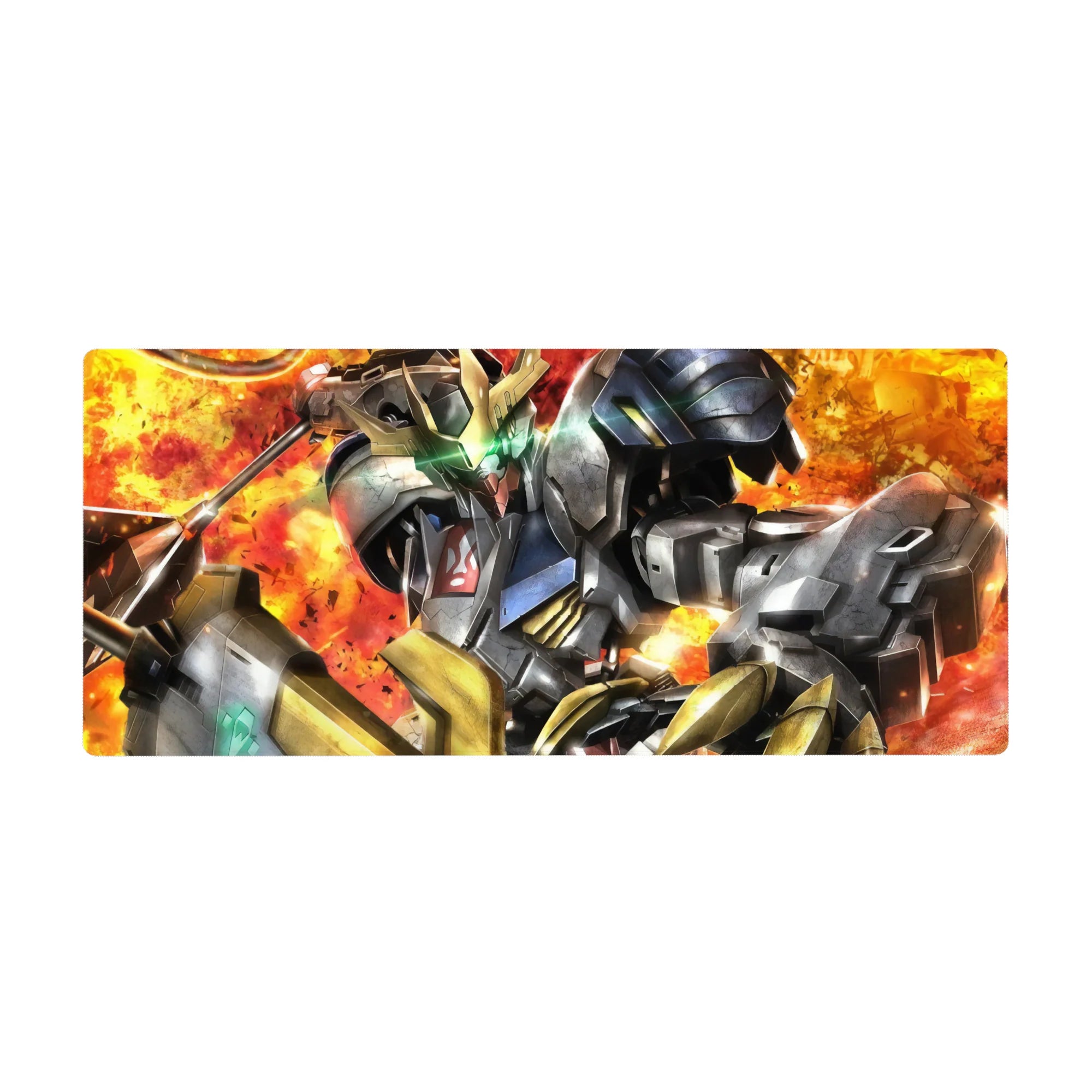 Gundam Barbatos anime desk pad 36x16 inches with cracked steel armor, gold trim, and battle backdrop.