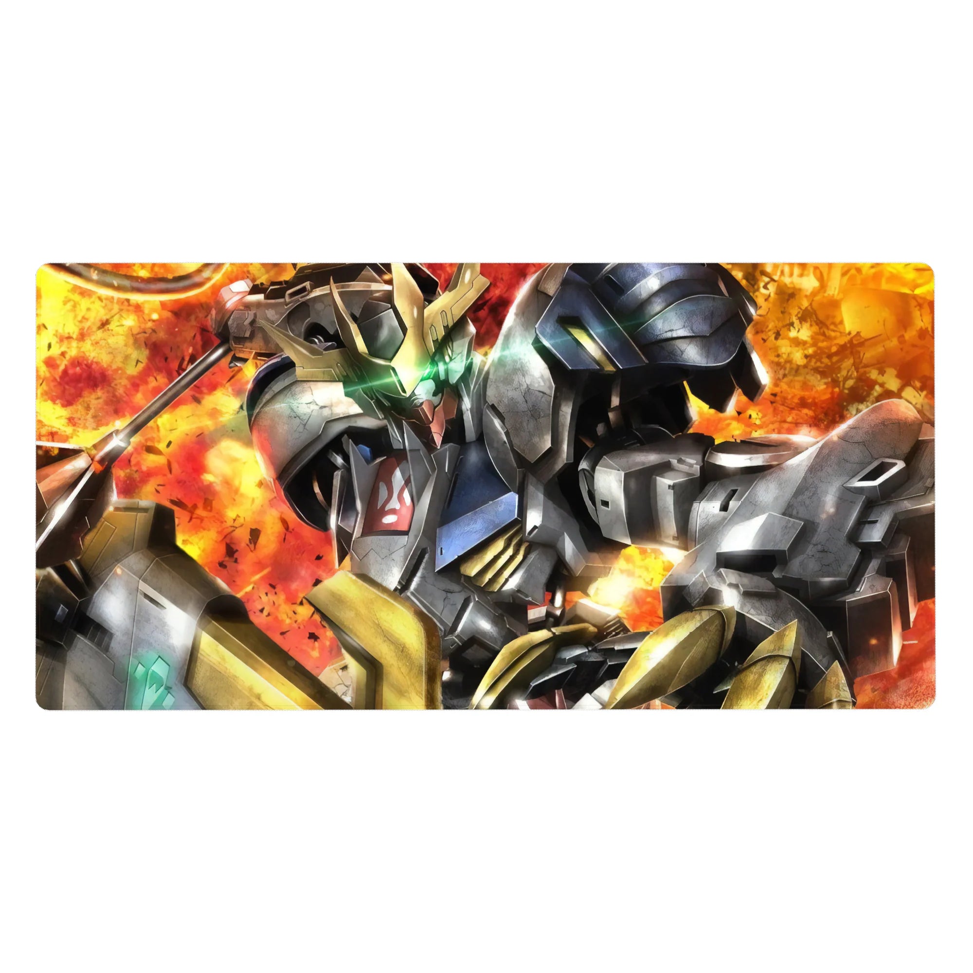40x20 inches anime desk pad with Gundam Barbatos, cracked steel armor, gold trim, and neon green eyes.