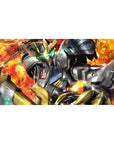 40x20 inches anime desk pad with Gundam Barbatos, cracked steel armor, gold trim, and neon green eyes.