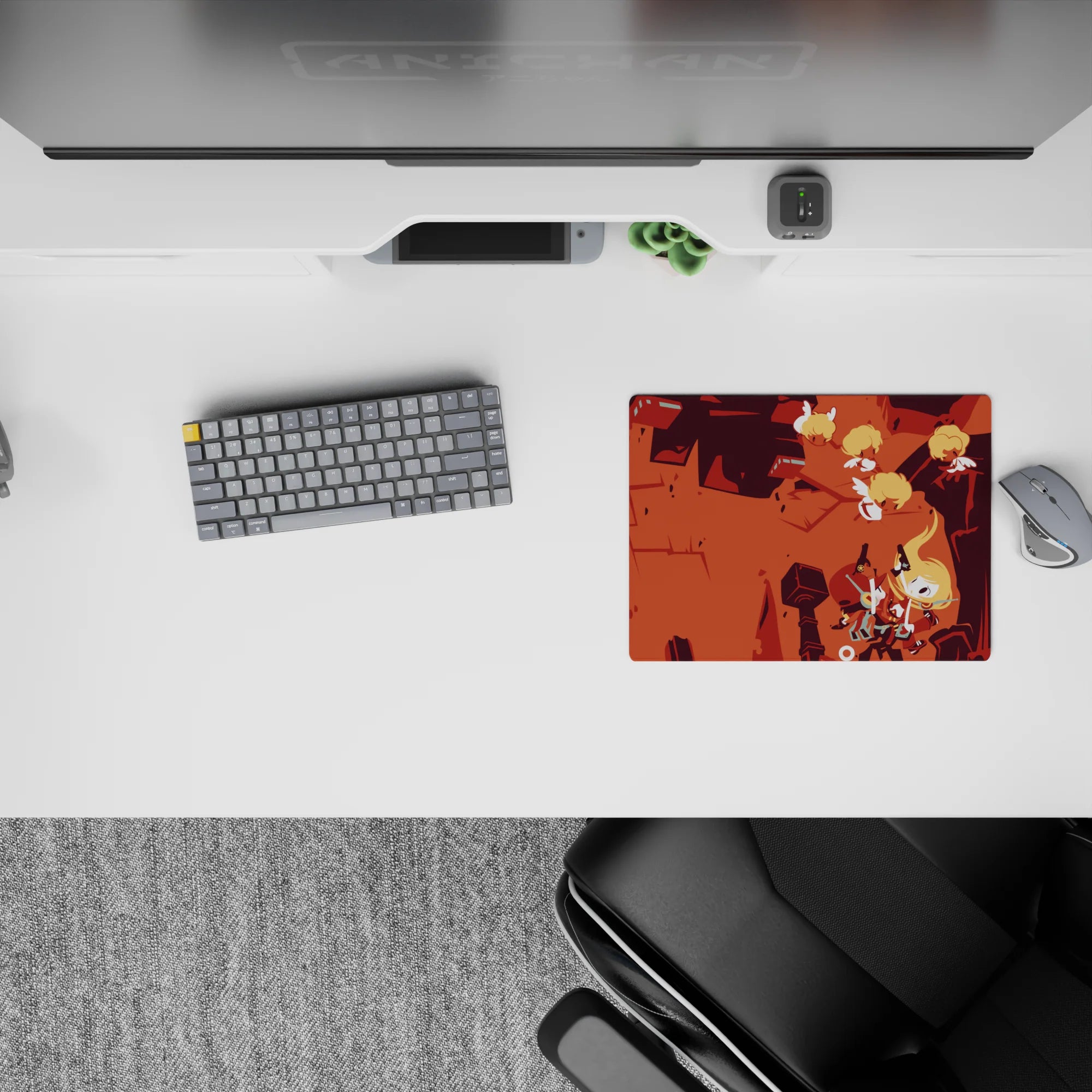 Burnt orange and brick red anime mouse pad 14x10 inches with cozy battle mood and bold silhouettes.
