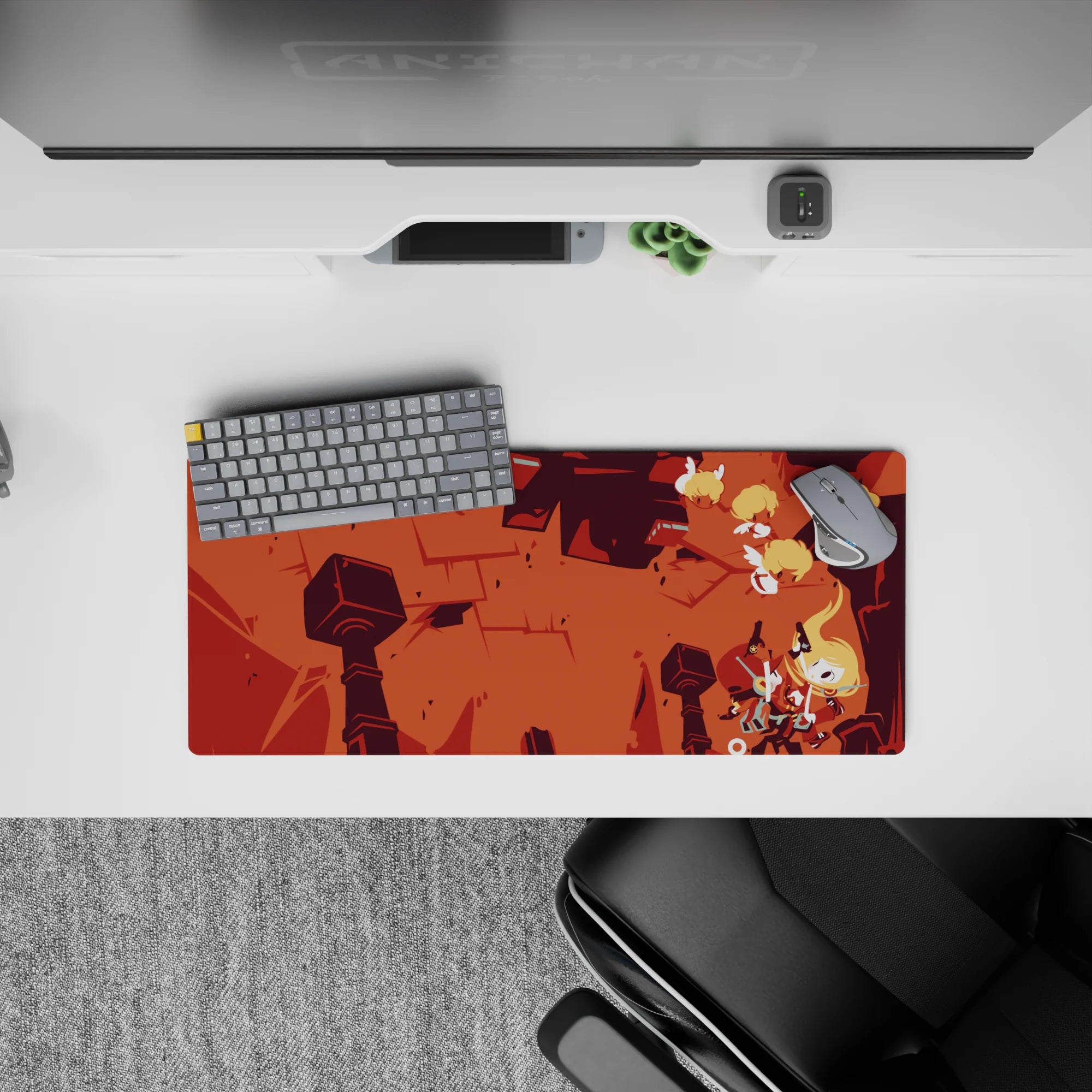28x12 inches anime mouse pad in burnt orange and deep brick reds, cozy storybook battle mood.