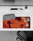 28x12 inches anime mouse pad in burnt orange and deep brick reds, cozy storybook battle mood.