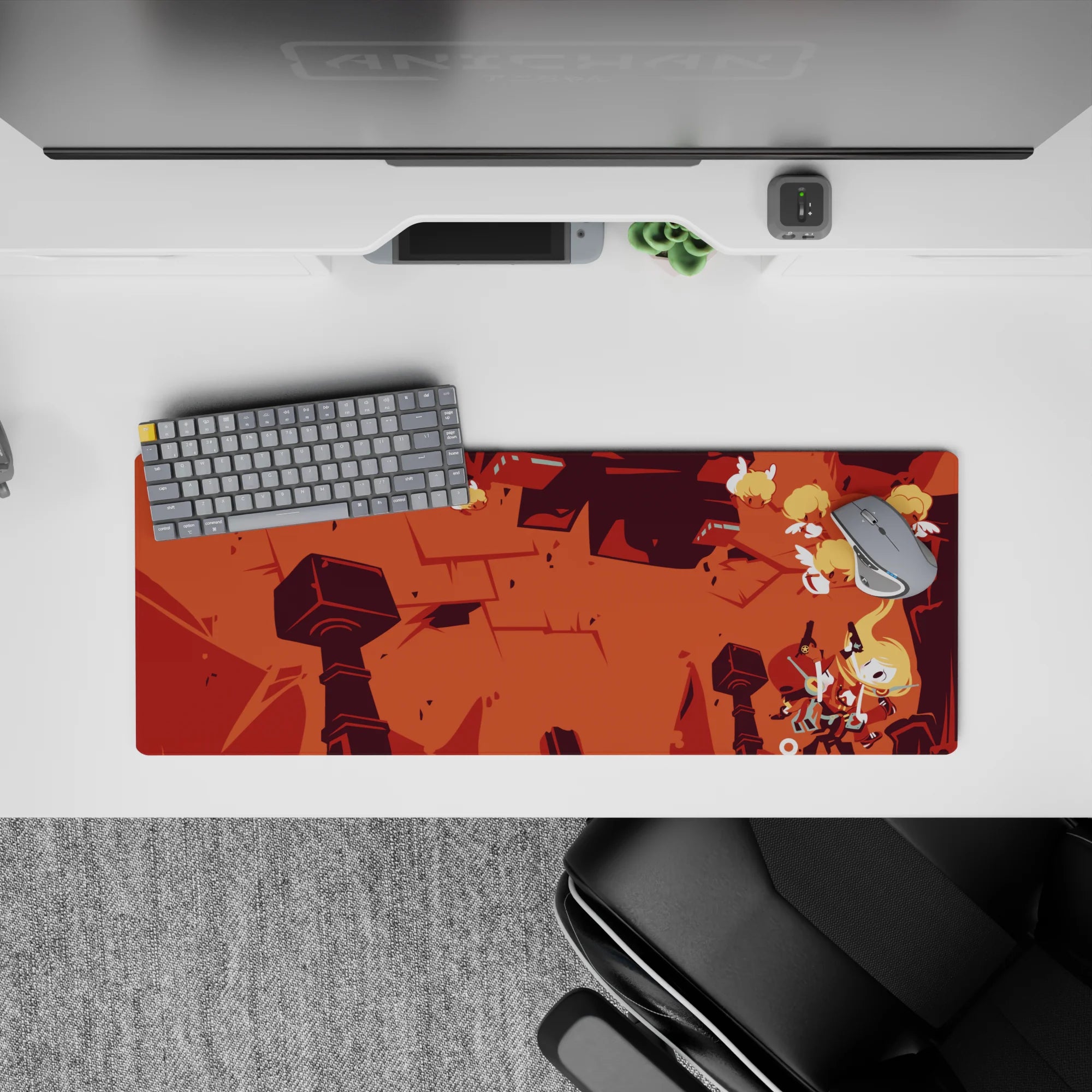 32x12 inches anime mouse pad in burnt orange and brick reds, cozy battle vibe with bold silhouettes.