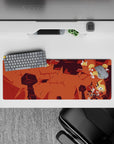32x12 inches anime mouse pad in burnt orange and brick reds, cozy battle vibe with bold silhouettes.