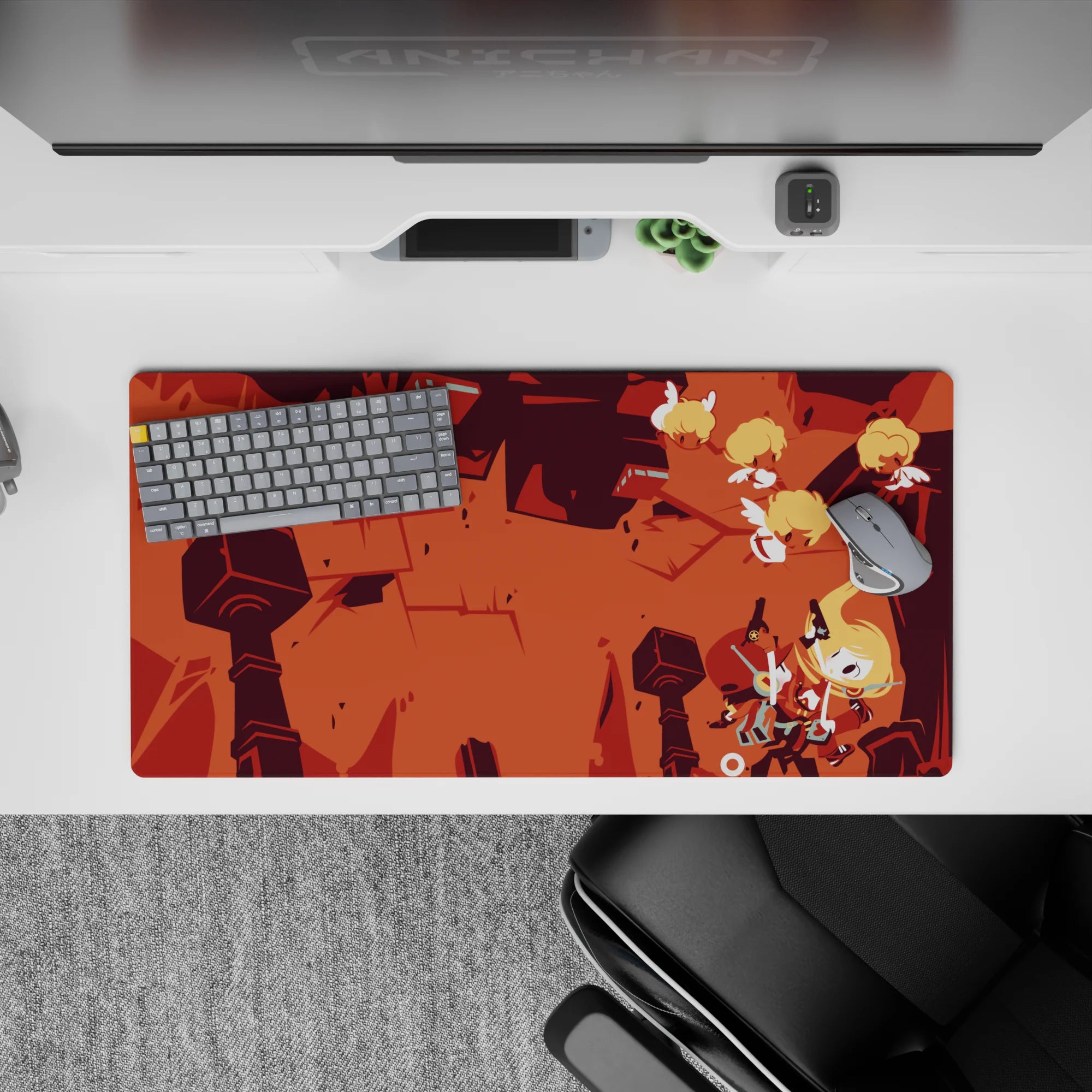 32x16 inches anime mouse pad in burnt orange and deep brick reds, cozy storybook battle mood.