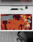 32x16 inches anime mouse pad in burnt orange and deep brick reds, cozy storybook battle mood.