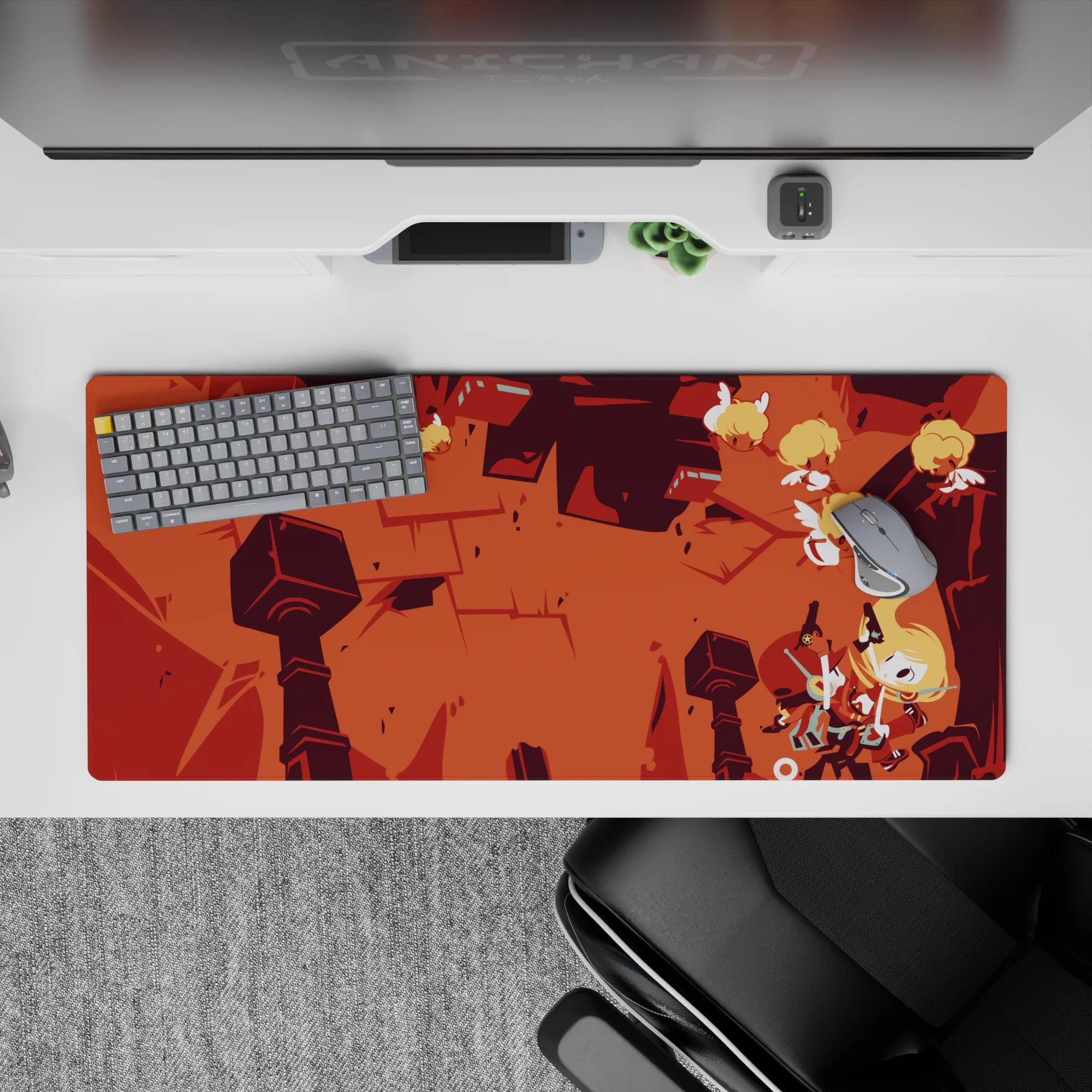36x16 inches anime desk pad in burnt orange and deep brick reds, cozy battle vibe with clean lines.