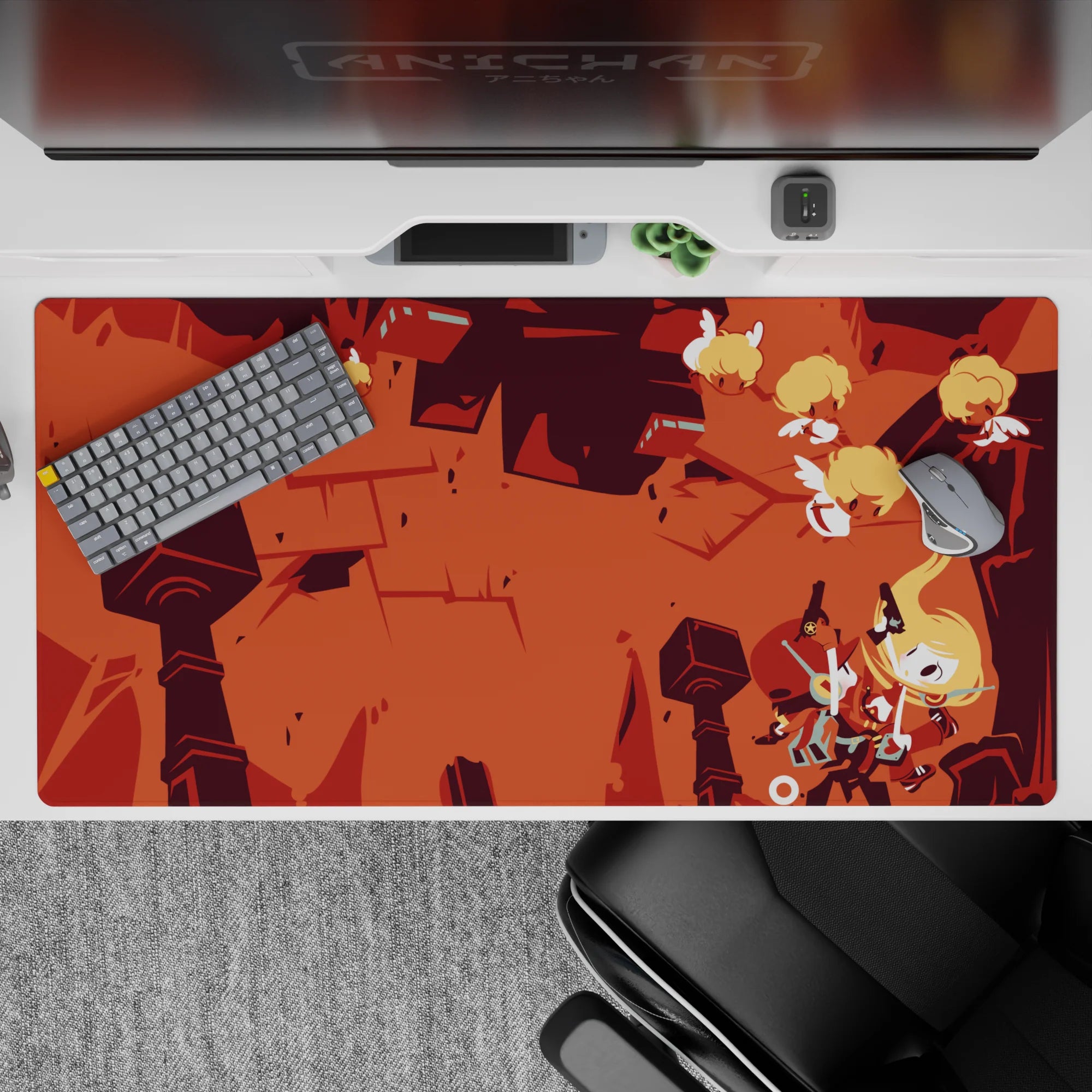 Warm burnt orange and brick red anime desk pad 40x20 inches, cozy chaotic action mood for gaming.