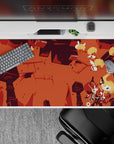 Warm burnt orange and brick red anime desk pad 40x20 inches, cozy chaotic action mood for gaming.