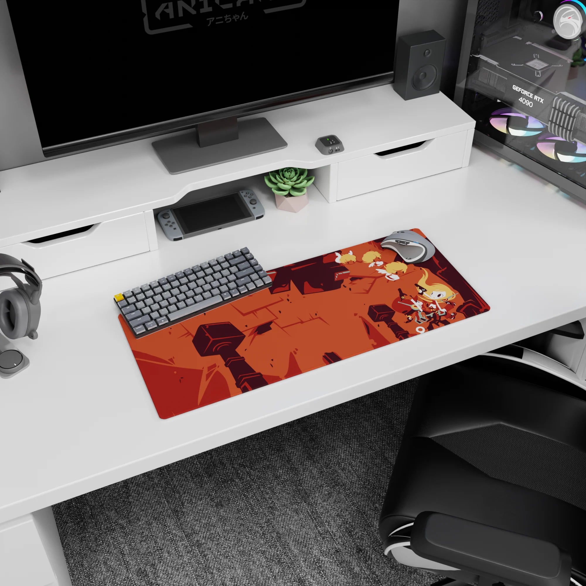 28x12 inches anime mouse pad showing a blond scarfed hero tumbling midair, sword ready over ruins.
