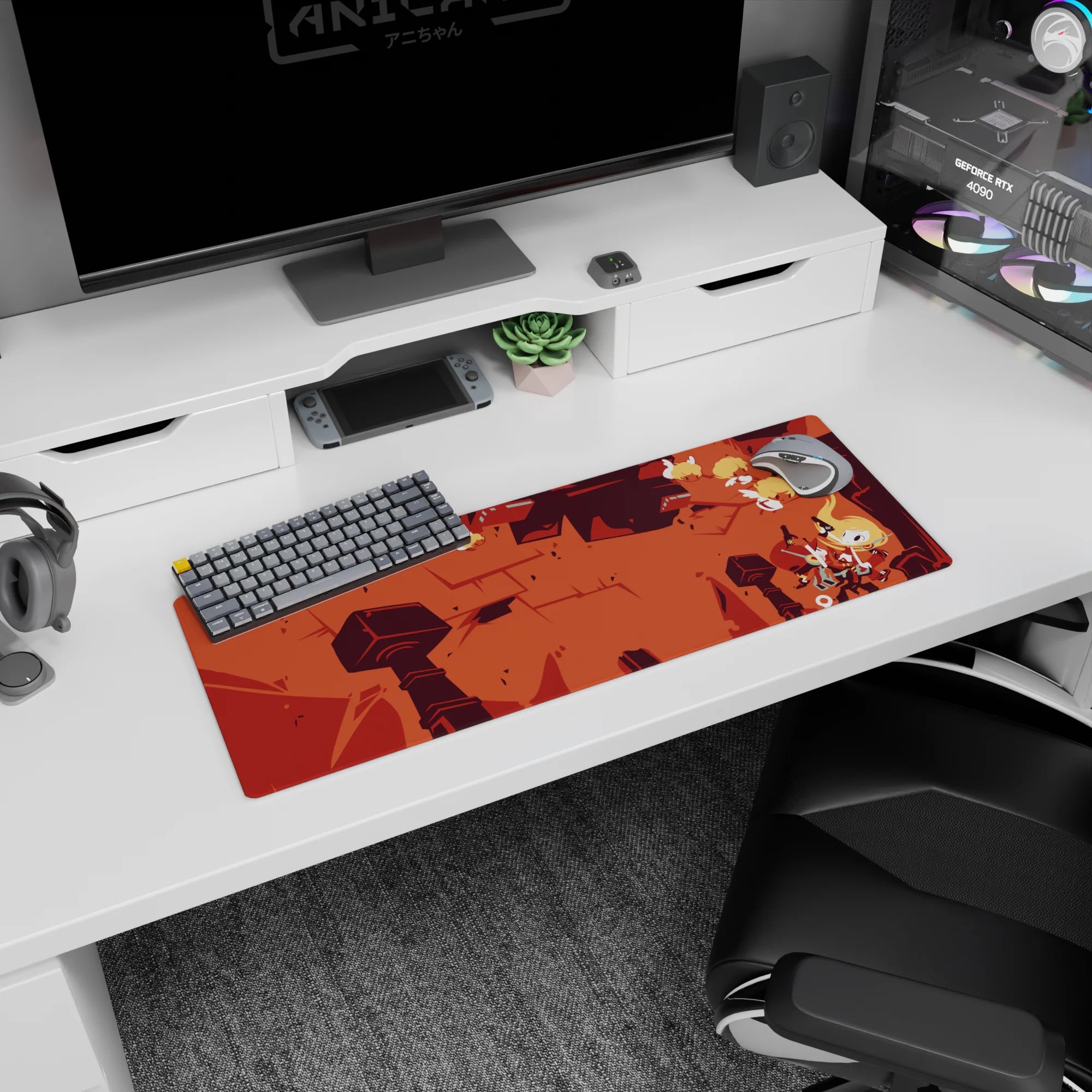 32x12 inches anime mouse pad showing a blond hero tumbling, flame-like hair, scarf and armor, sword ready.