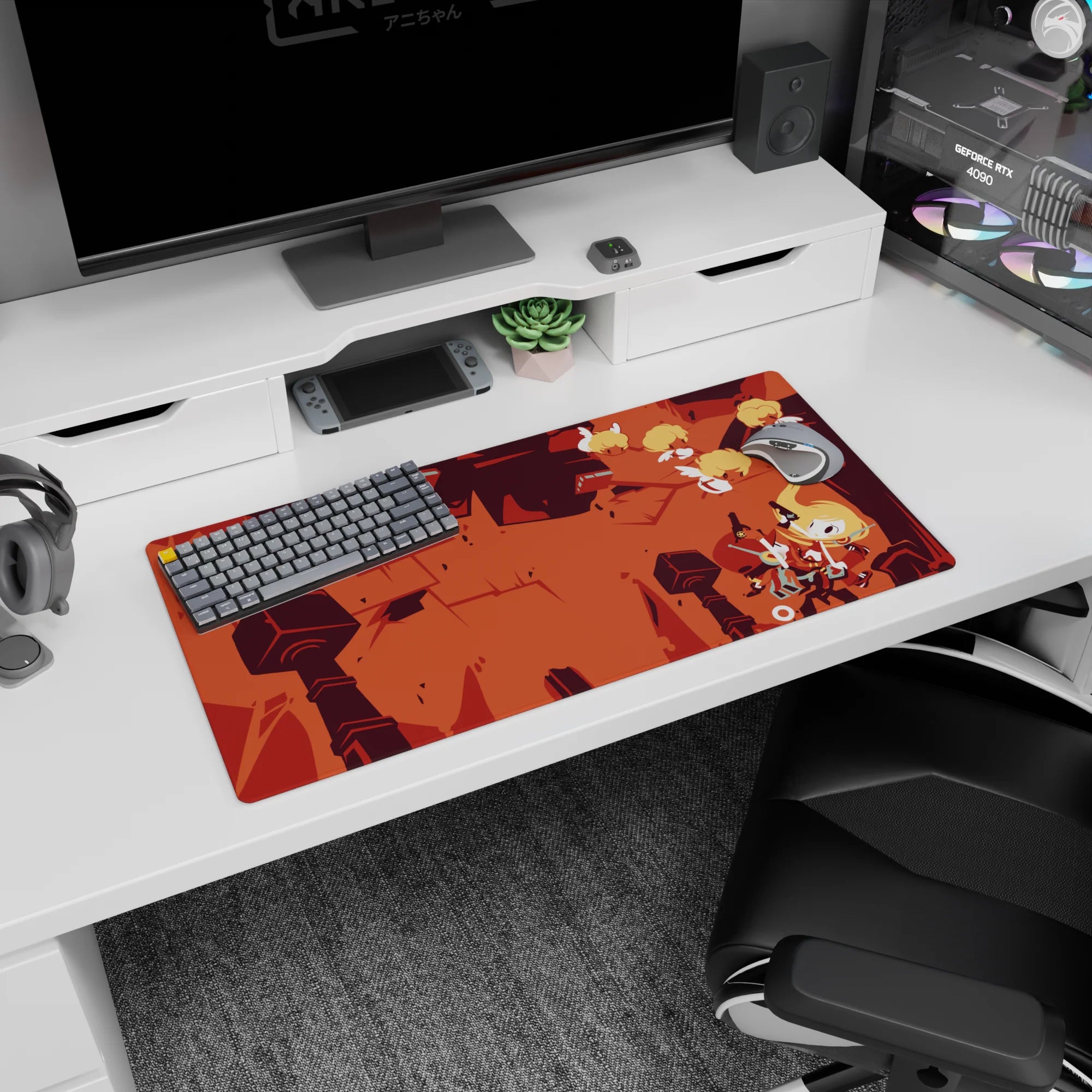 32x16 inches anime mouse pad showing a blond scarfed hero midair, sword ready over ruined pillars.