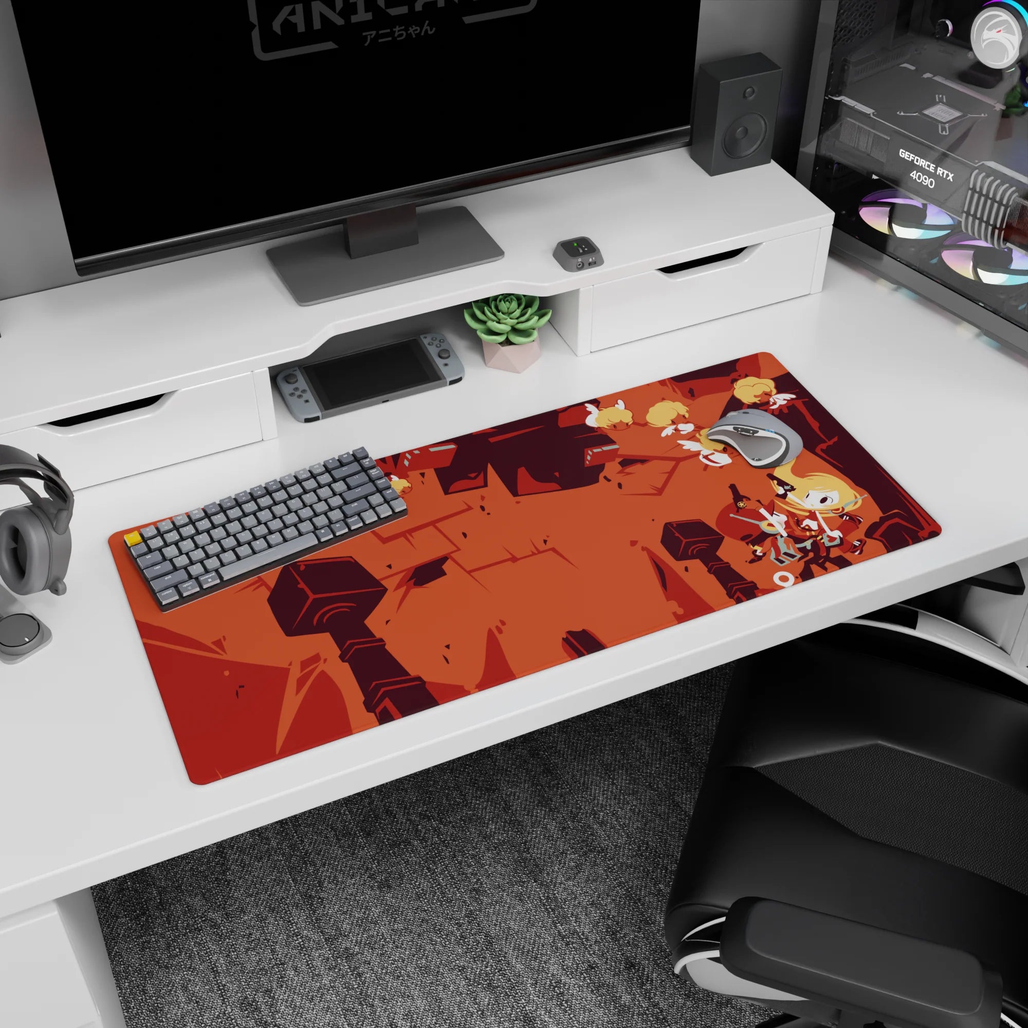 36x16 inches anime desk pad showing a blond scarfed hero tumbling midair, sword drawn over ruins.