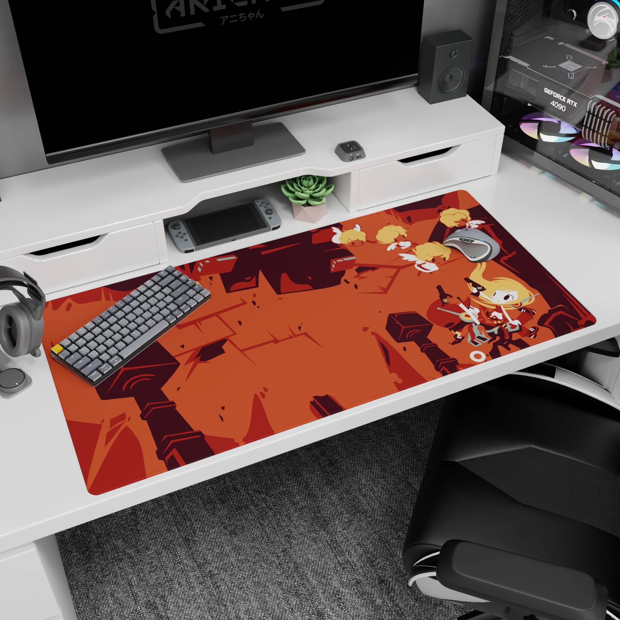 Blond scarfed anime hero tumbling with sword over ruined pillars on desk pad 40x20 inches.