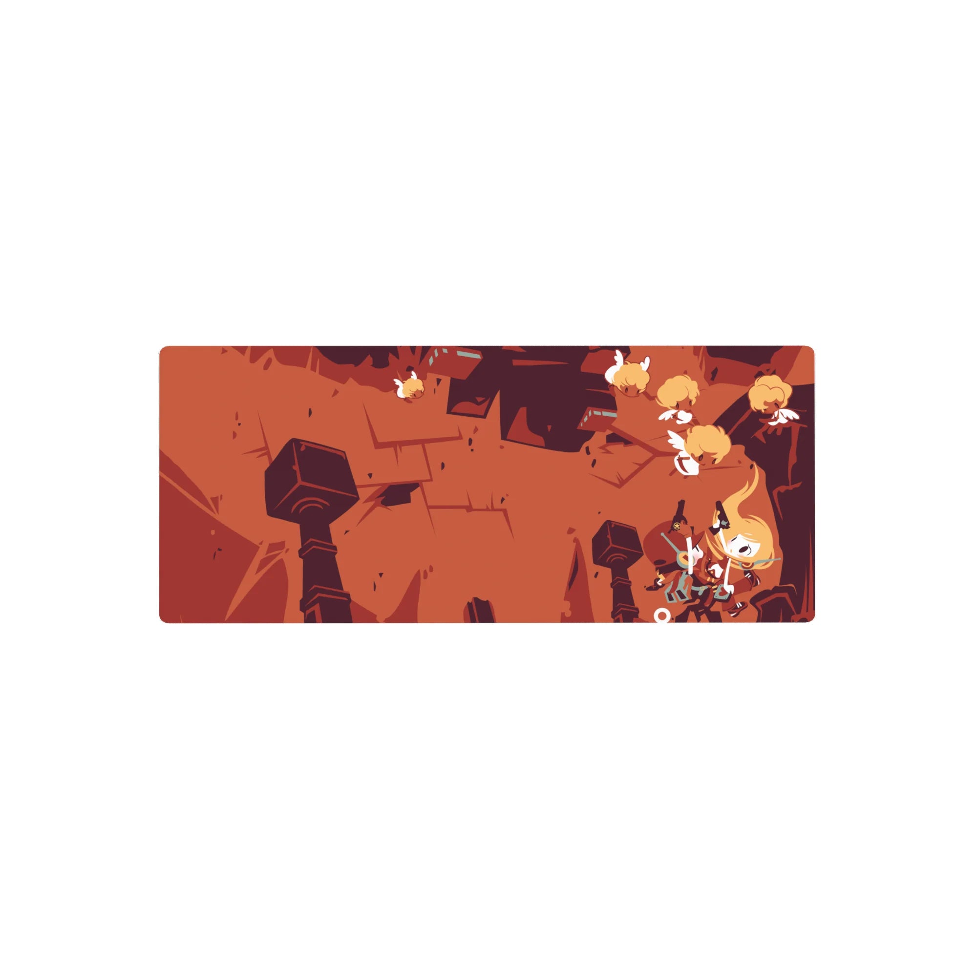28x12 inches anime mouse pad with jagged ruins, winged creatures, and bold stone pillar silhouettes.