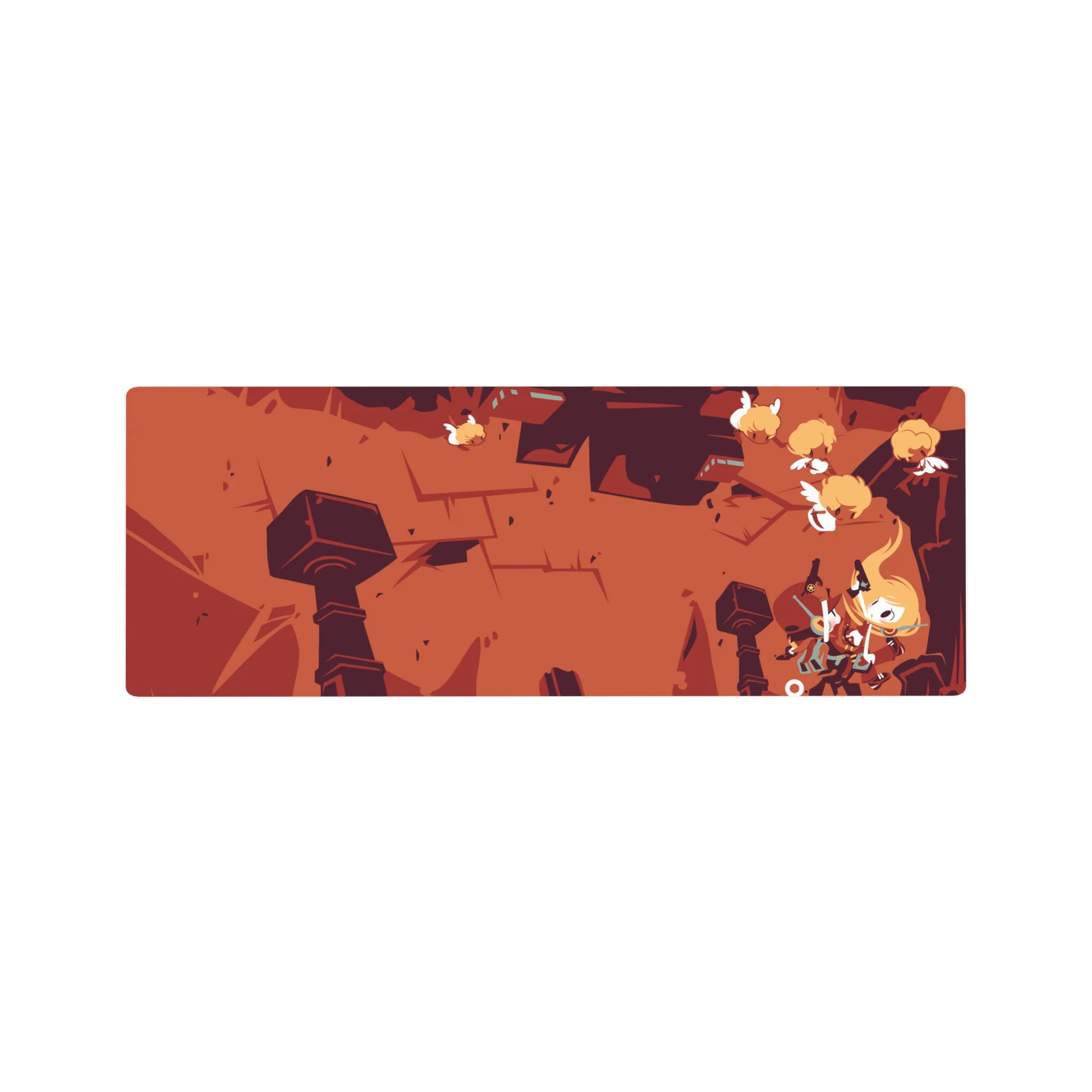 32x12 inches anime mouse pad with jagged ruins, winged creatures, and a scarfed hero midair with sword.