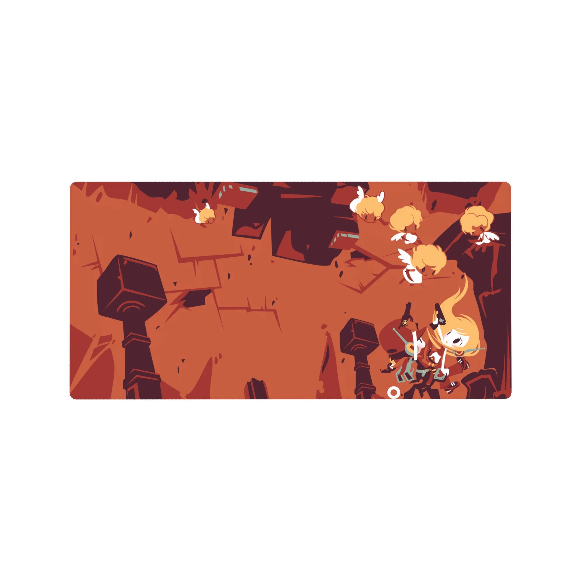 32x16 inches anime mouse pad with jagged ruins, winged creatures, and bold chunky stone silhouettes.