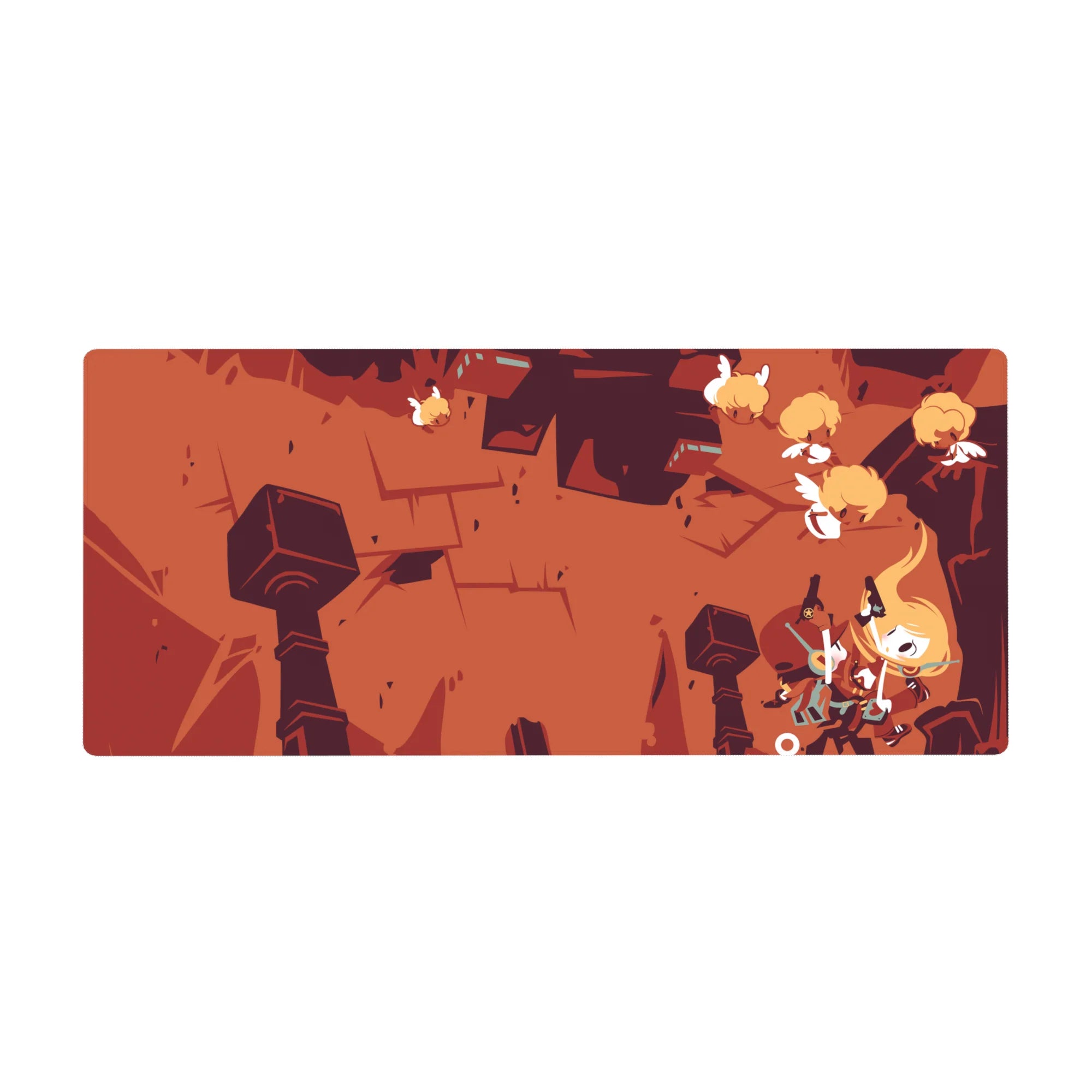 36x16 inches anime desk pad with jagged ruins, winged creatures, and bold chunky stone pillars.