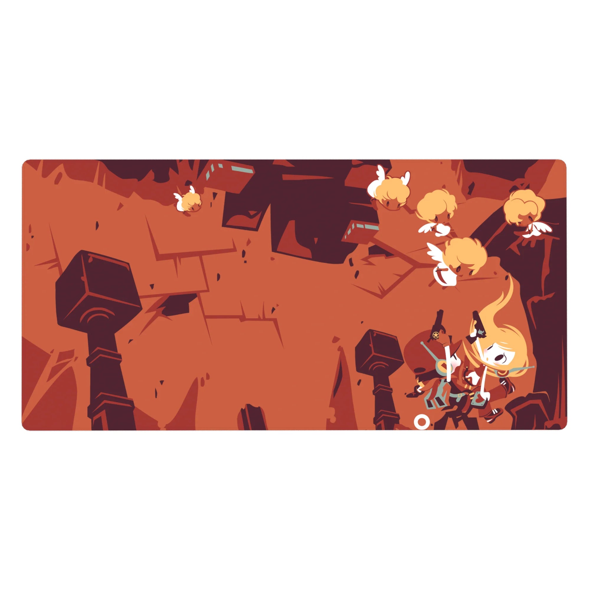Anime desk pad 40x20 inches with storybook battle art, jagged ruins, winged sprites, and bold pillars.