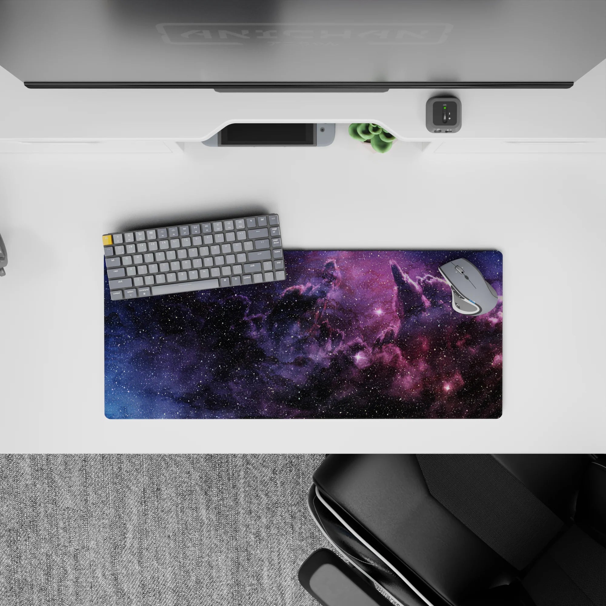Midnight-to-violet mouse pad 28x12 inches, smoky purple tones with soft twinkles for a calm mood.