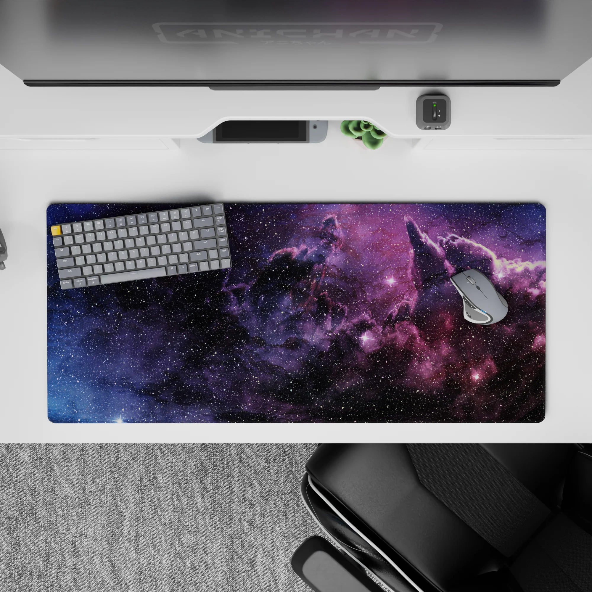 Midnight-to-violet desk pad 36x16 inches in smoky purple tones with calm cosmic vibe for work or gaming.