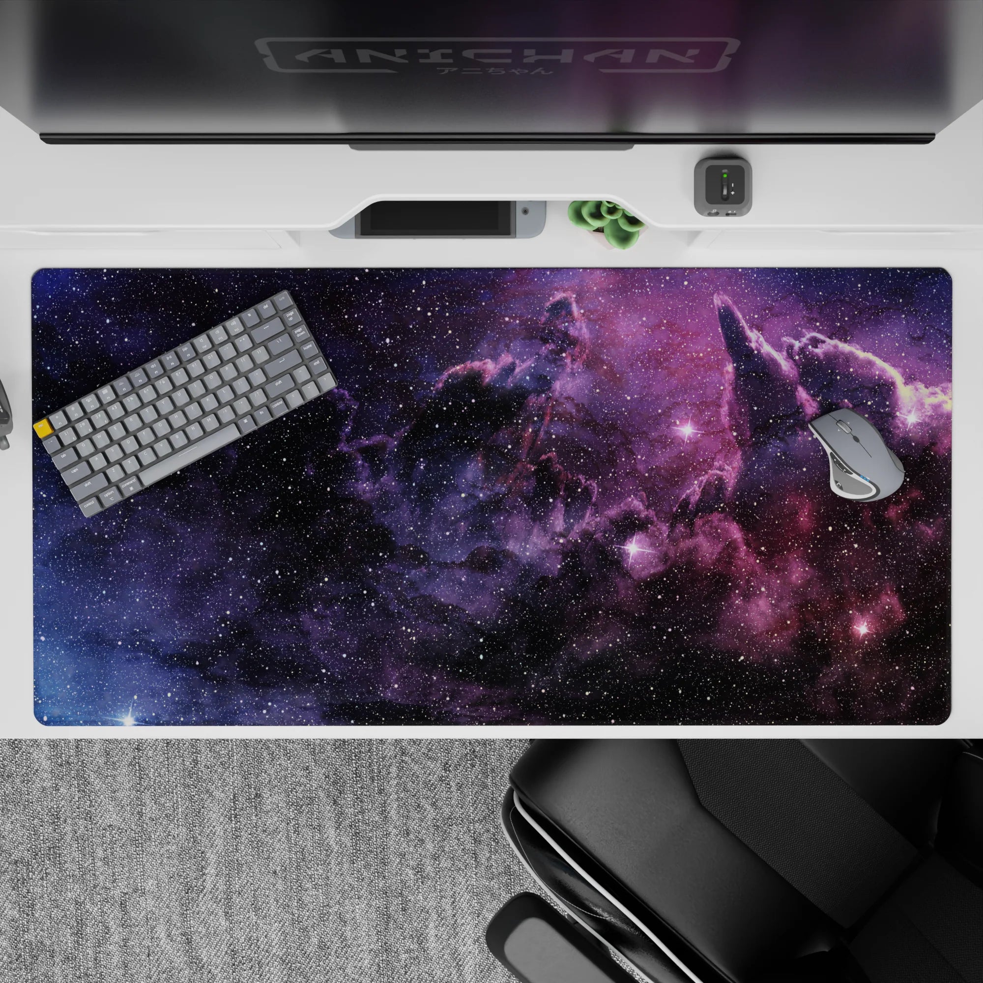 Midnight-to-violet desk pad with cotton-candy purple haze, calm dreamy vibe, 40x20 inches.