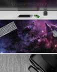 Midnight-to-violet desk pad with cotton-candy purple haze, calm dreamy vibe, 40x20 inches.