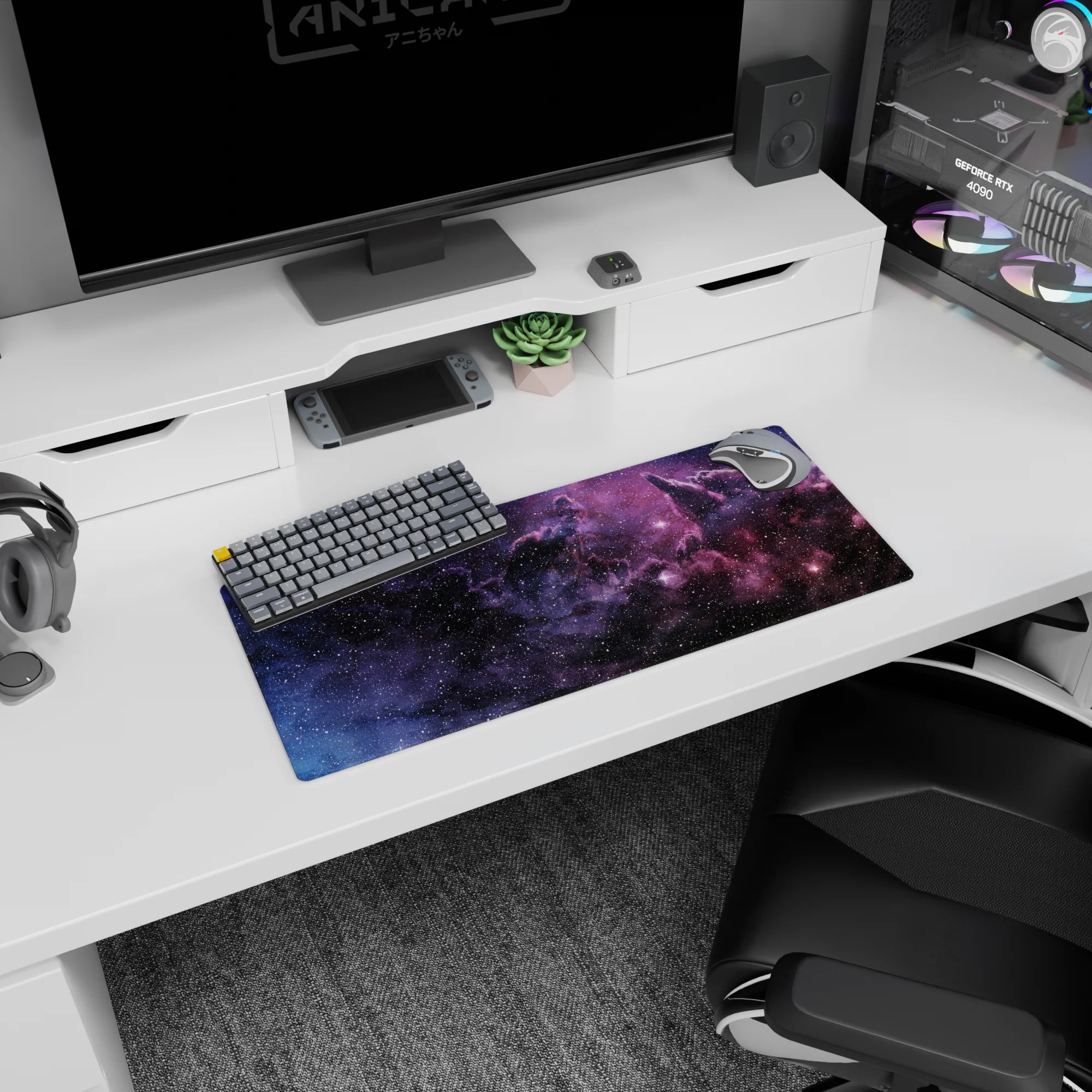 Star-sprinkled night drive through space mouse pad 28x12 inches with inky clouds and sharp stars.