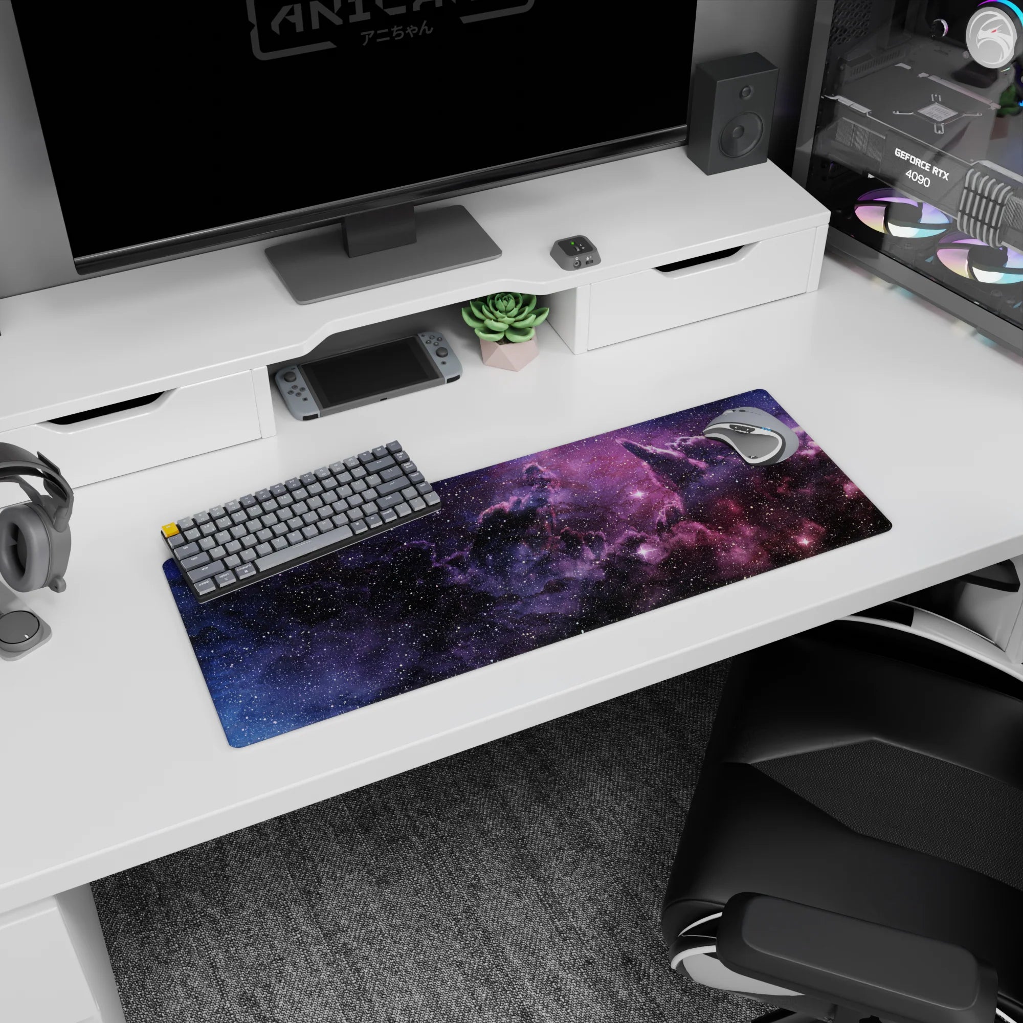 Star-sprinkled galaxy night-sky scene mouse pad 32x12 inches with smoky clouds and sharp twinkles.