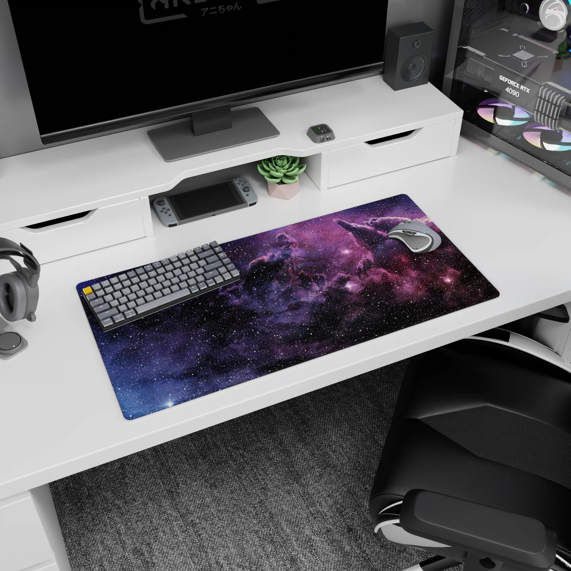 Night drive through space scene mouse pad 32x16 inches with soft clouds and sharp star points.