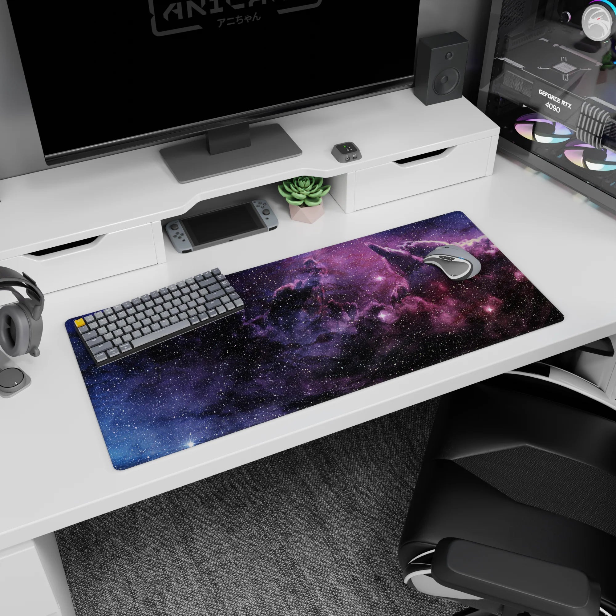 Star-sprinkled space scene desk pad 36x16 inches showing soft galaxy clouds and sharp twinkling points.