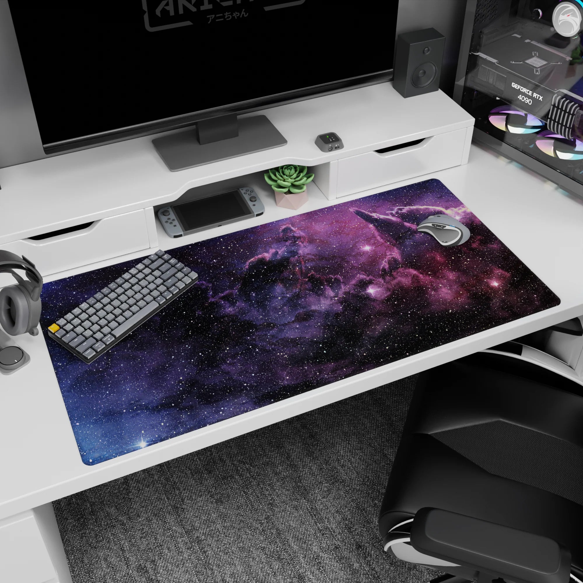 Quiet night-drive-through-space scene desk pad with soft clouds and sharp stars, 40x20 inches.