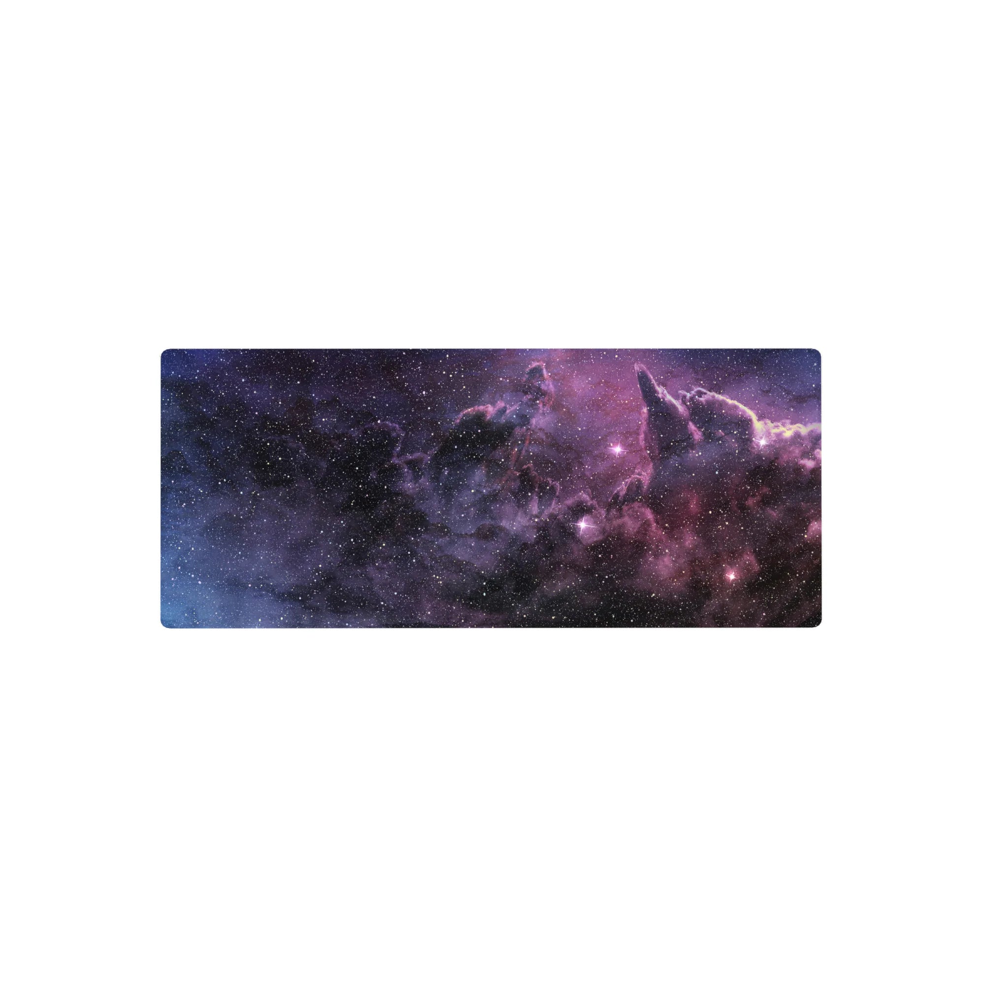 Nebula swirl desk mouse pad 28x12 inches with marbled galaxy clouds and starry speckles.
