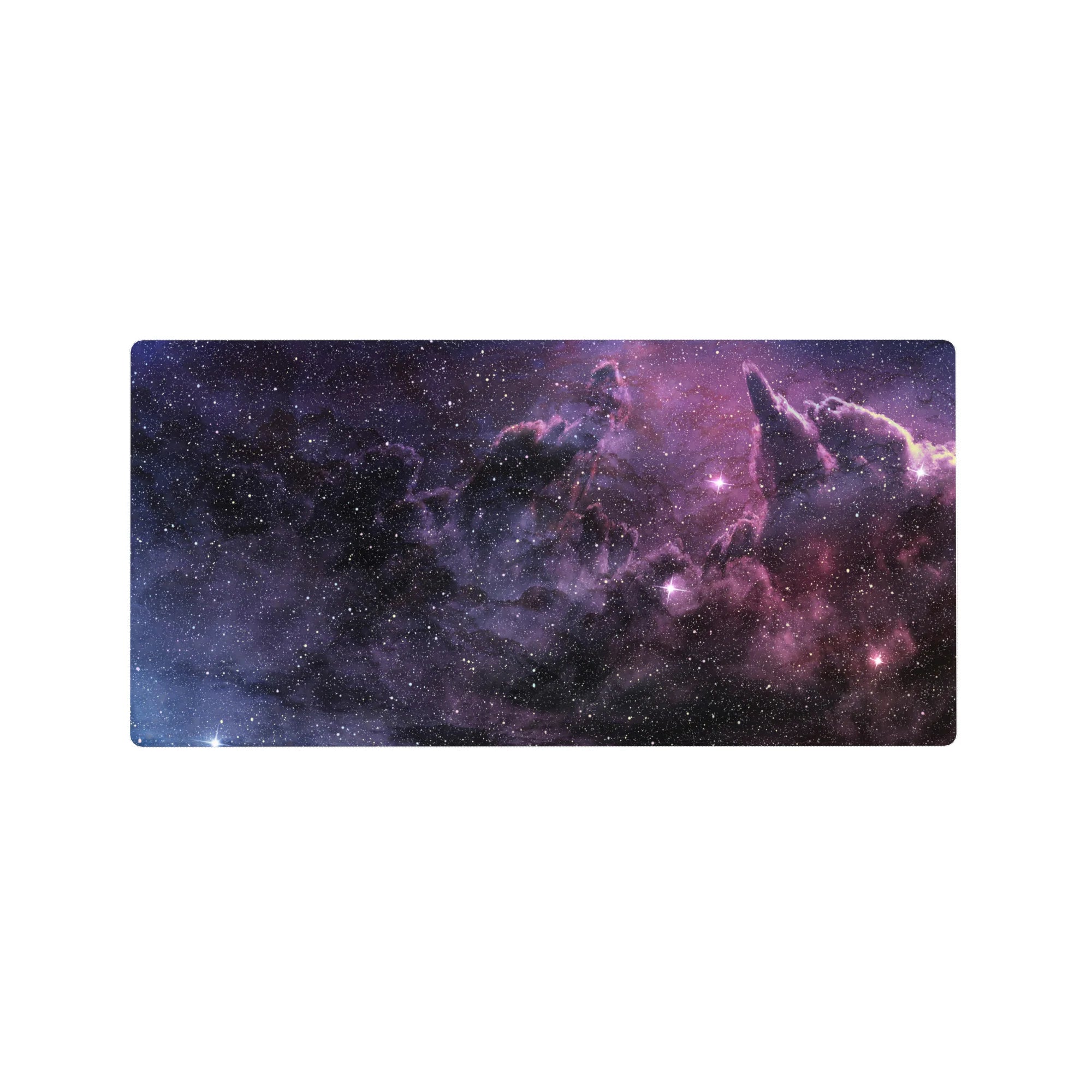 Galaxy nebula desk mouse pad 32x16 inches with marbled swirls and starry twinkles.