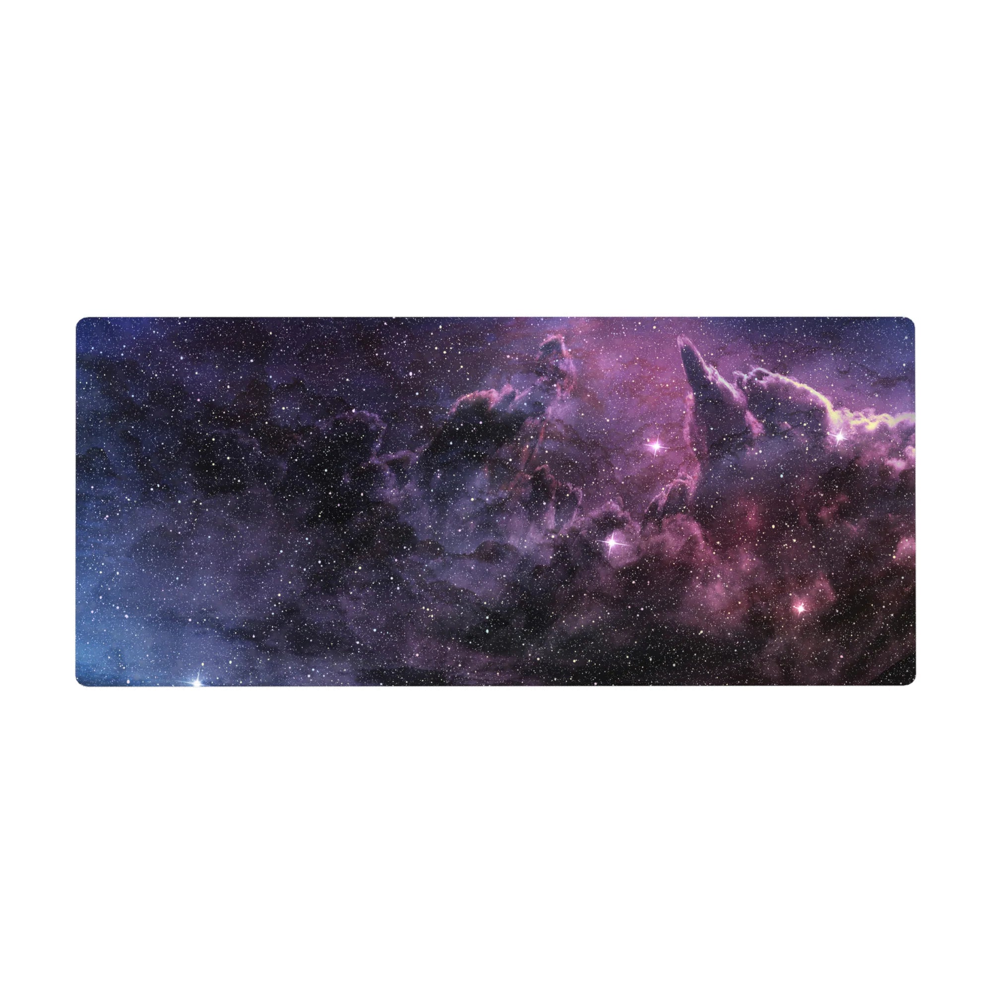 Nebula swirl desk pad 36x16 inches with marbled clouds and star-like twinkles for keyboard and mouse.