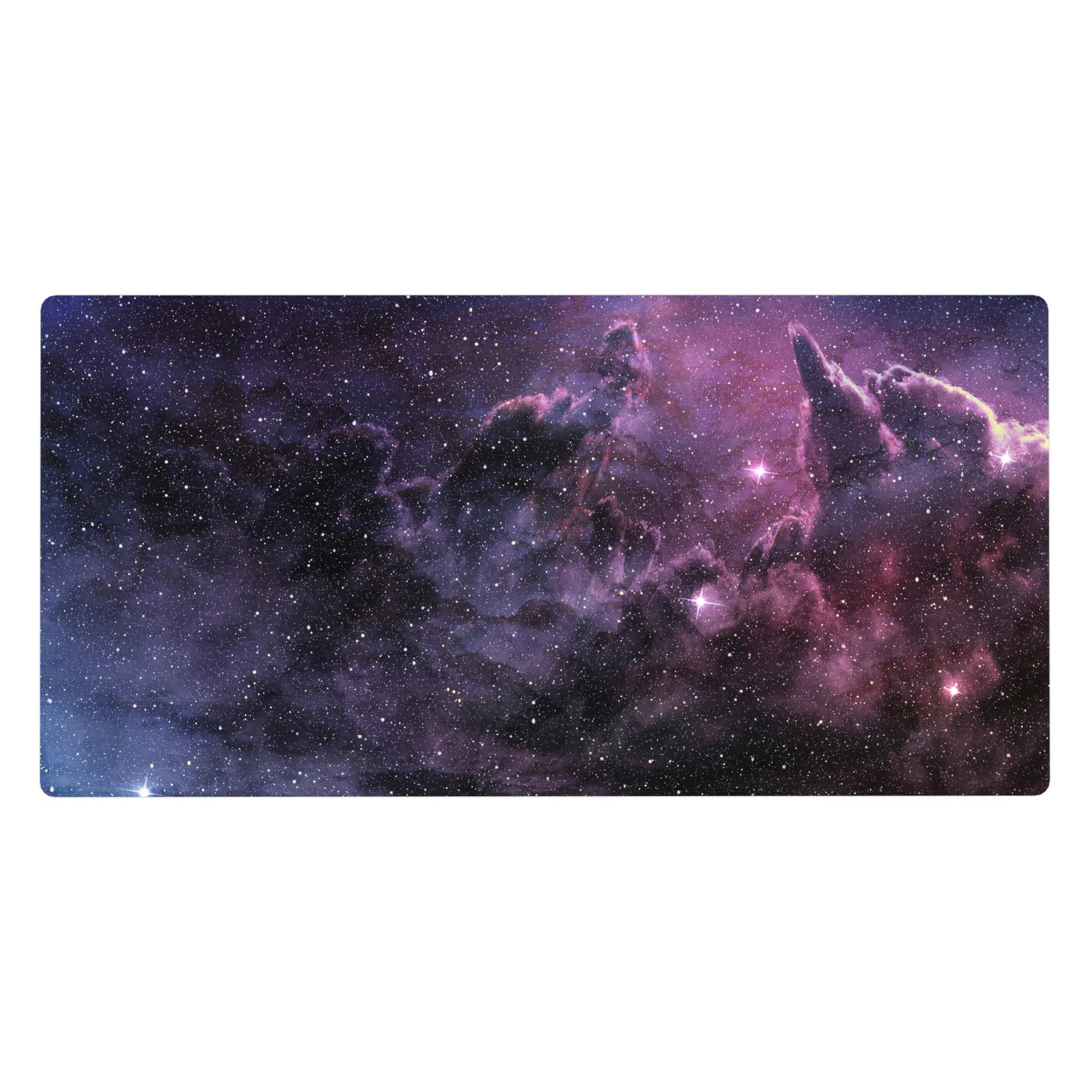 Starry nebula marbled desk pad, space-inspired twinkles and swirls, 40x20 inches.