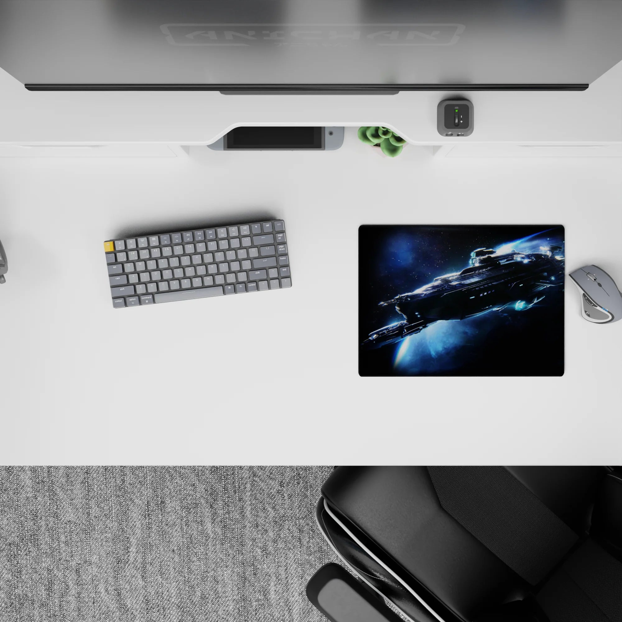 Cool 14x10 inches mouse pad in midnight black and smoky blue with icy glow, moody space vibe.