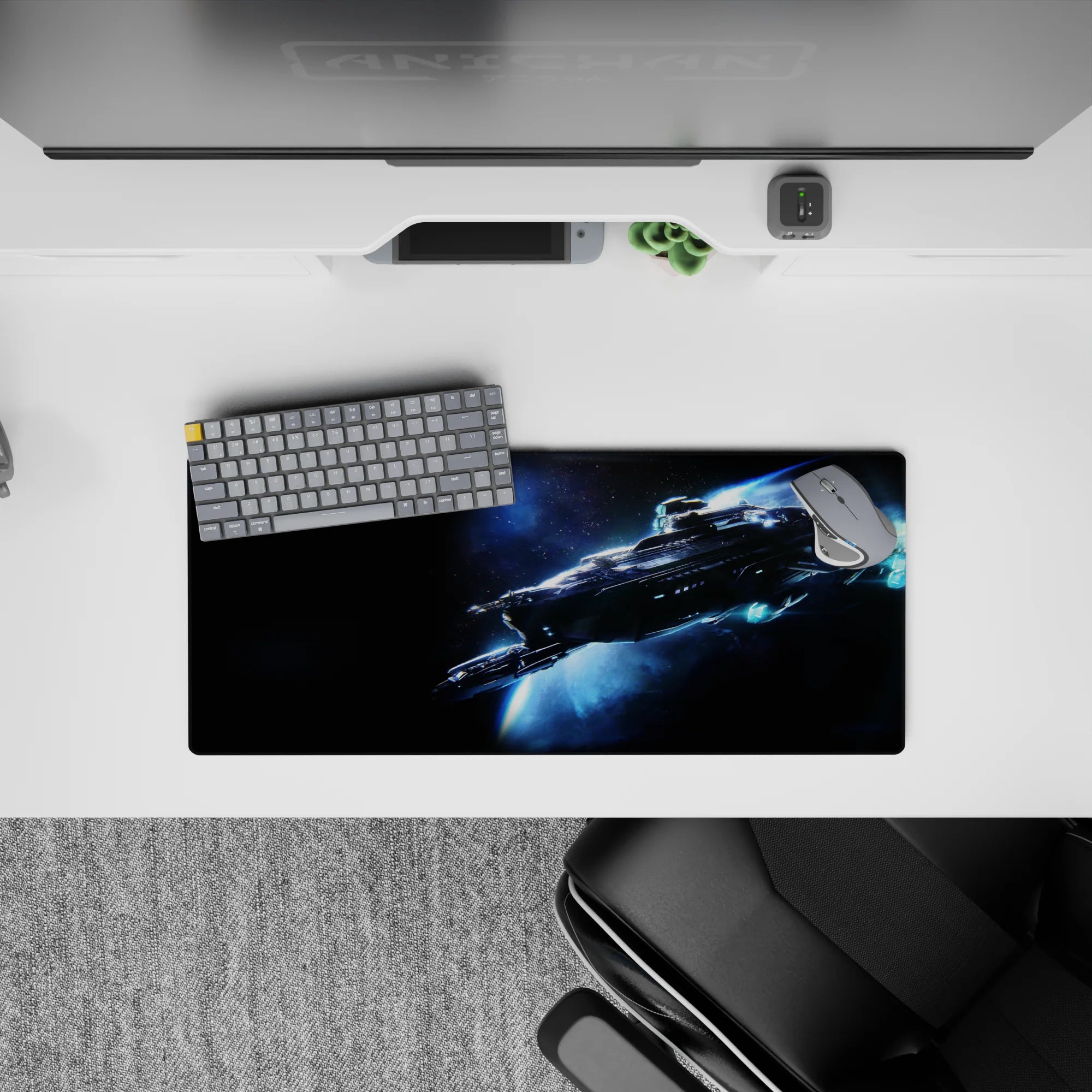 Midnight black and smoky blue mouse pad 28x12 inches with cool icy glow for gaming and work.