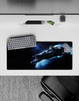 Midnight black and smoky blue mouse pad 28x12 inches with cool icy glow for gaming and work.