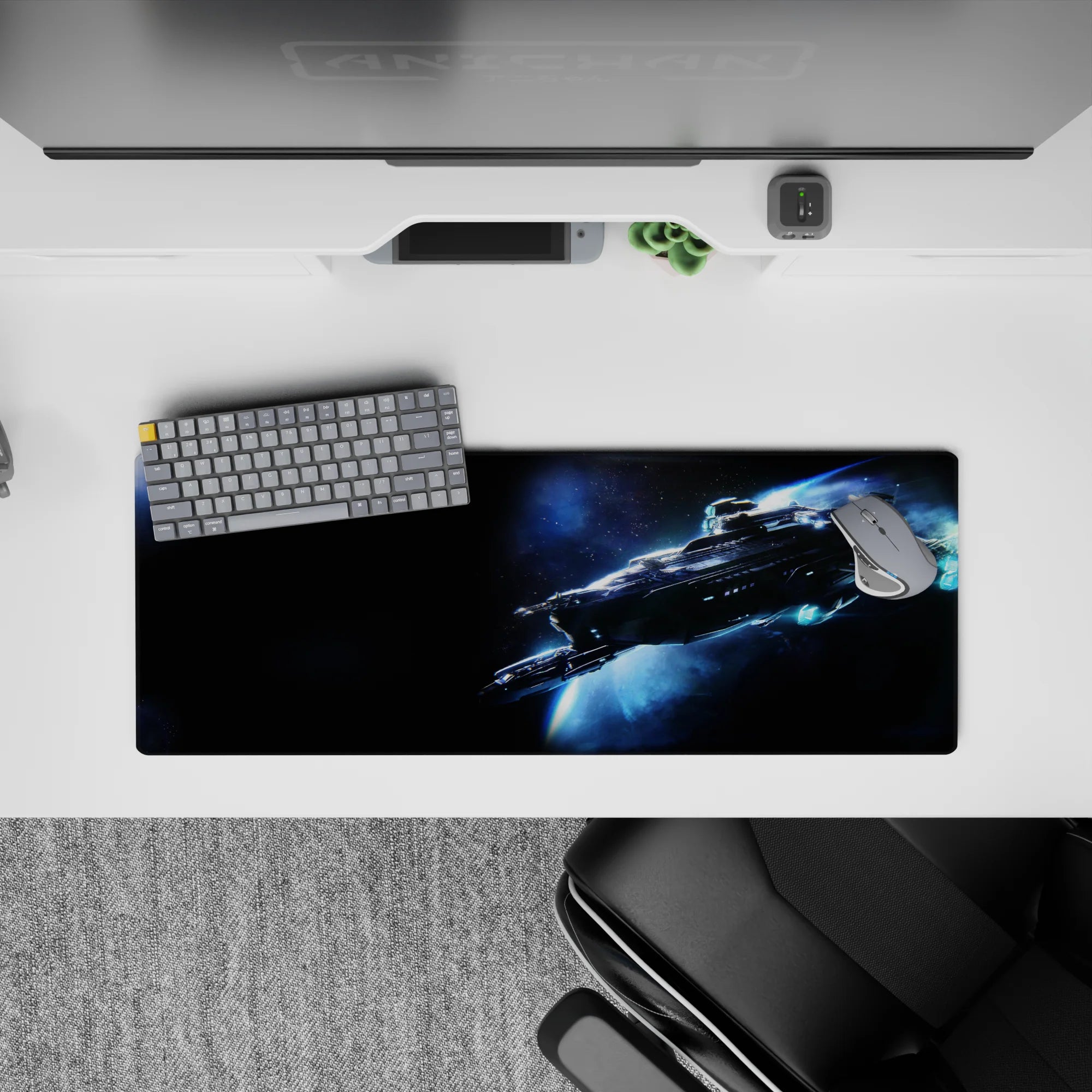 Midnight black and smoky blue mouse pad 32x12 inches with cool, crisp deep-space vibe.