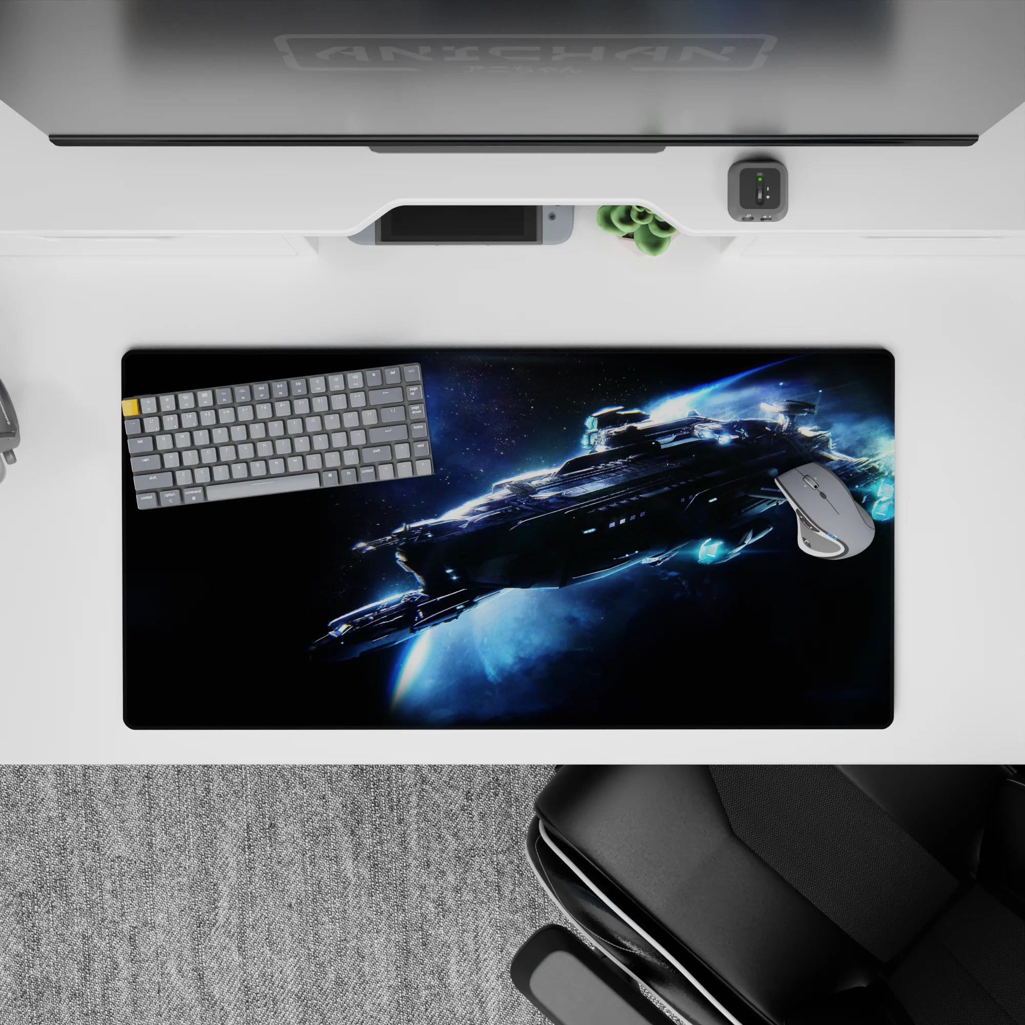 Midnight black and smoky blue mouse pad 32x16 inches with cool, crisp late-night space mood.