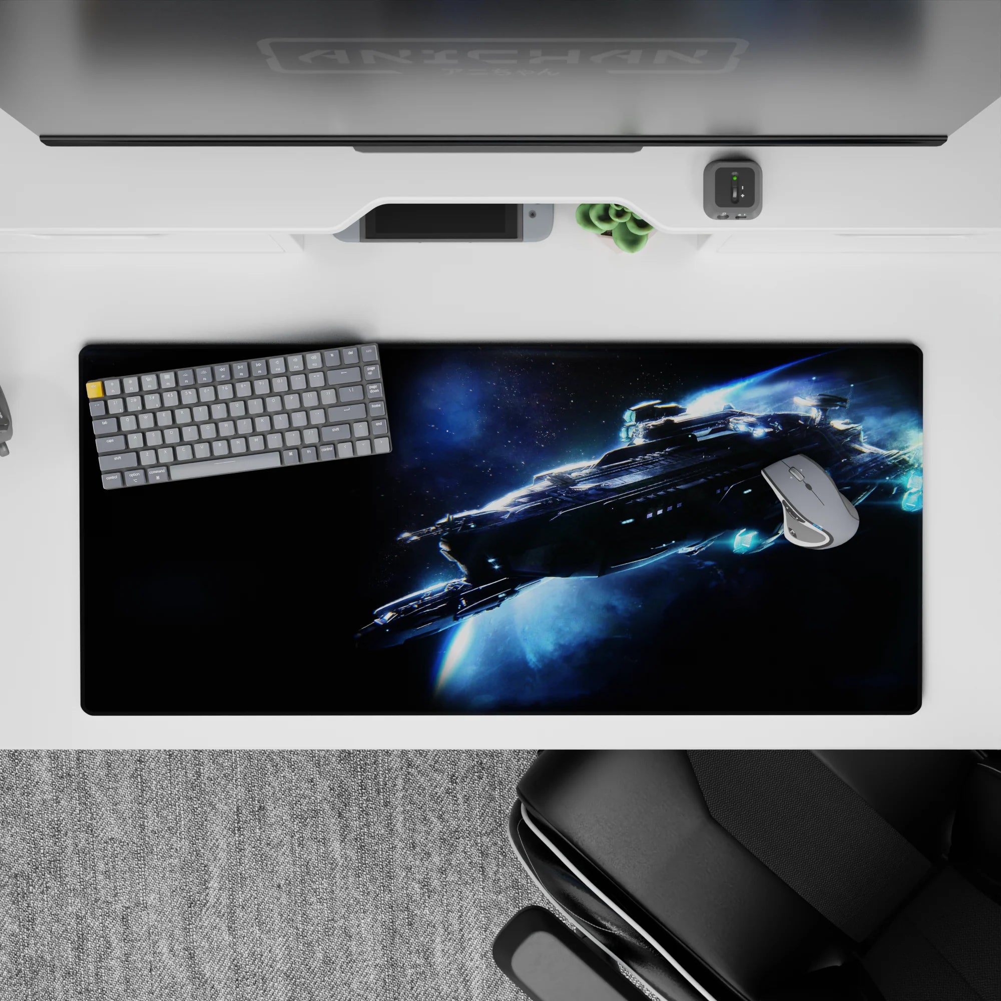 Midnight black to icy blue desk pad 36x16 inches with a cool, crisp, late-night mission mood.