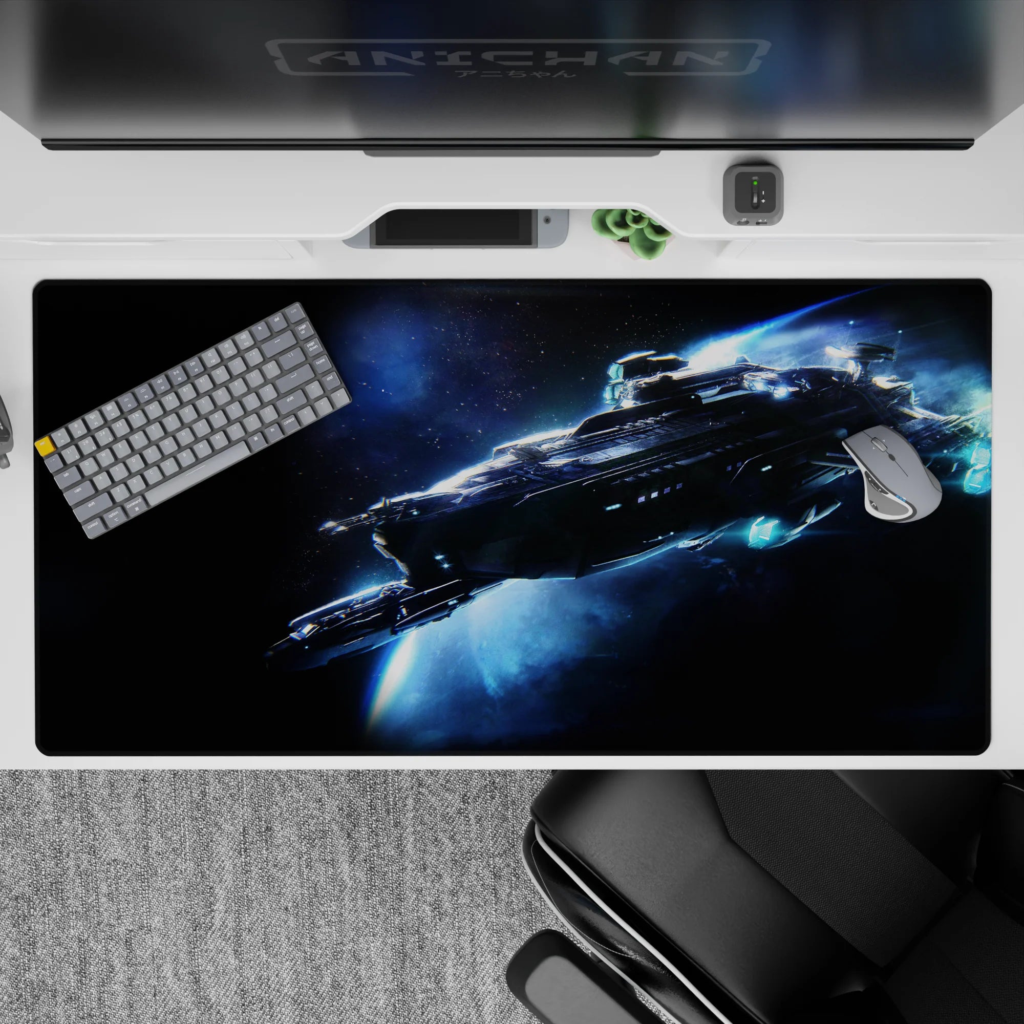 Midnight black and smoky blue 40x20 inches desk pad with a cool, crisp late-night space vibe.